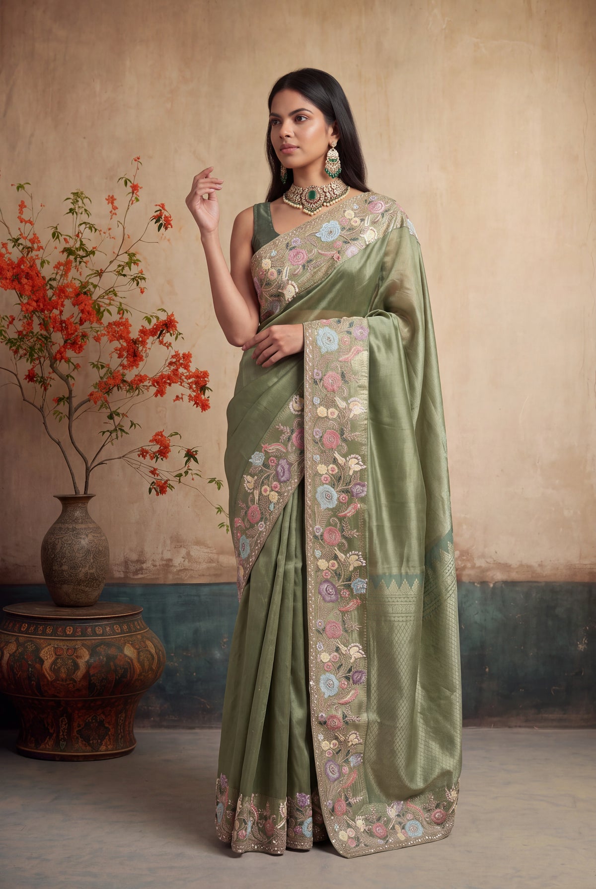 Sage Green Kanchivaram Pattu Silk Saree - Mokshaa