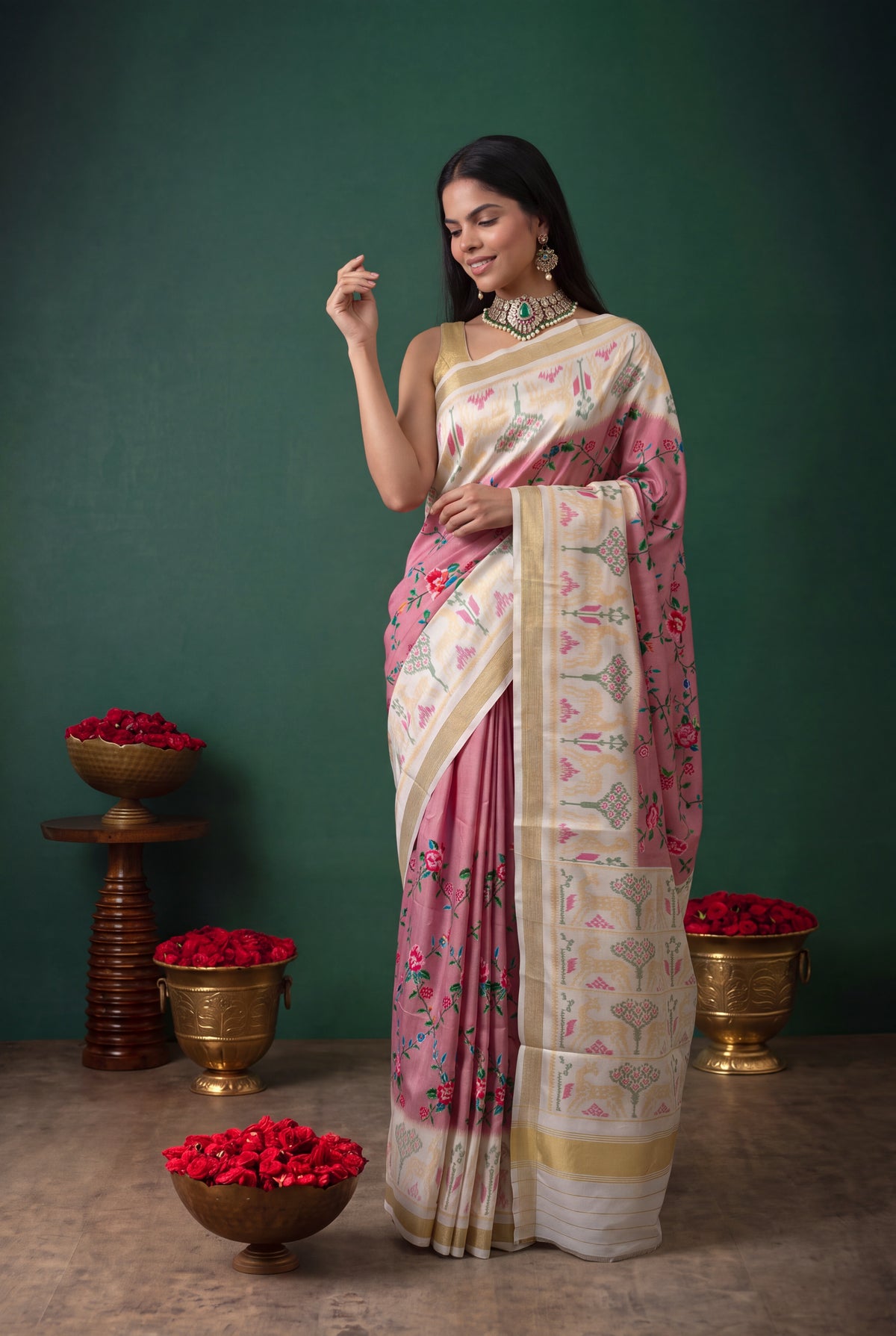 Rose Pink Twill Silk Patola Saree - Mokshaa