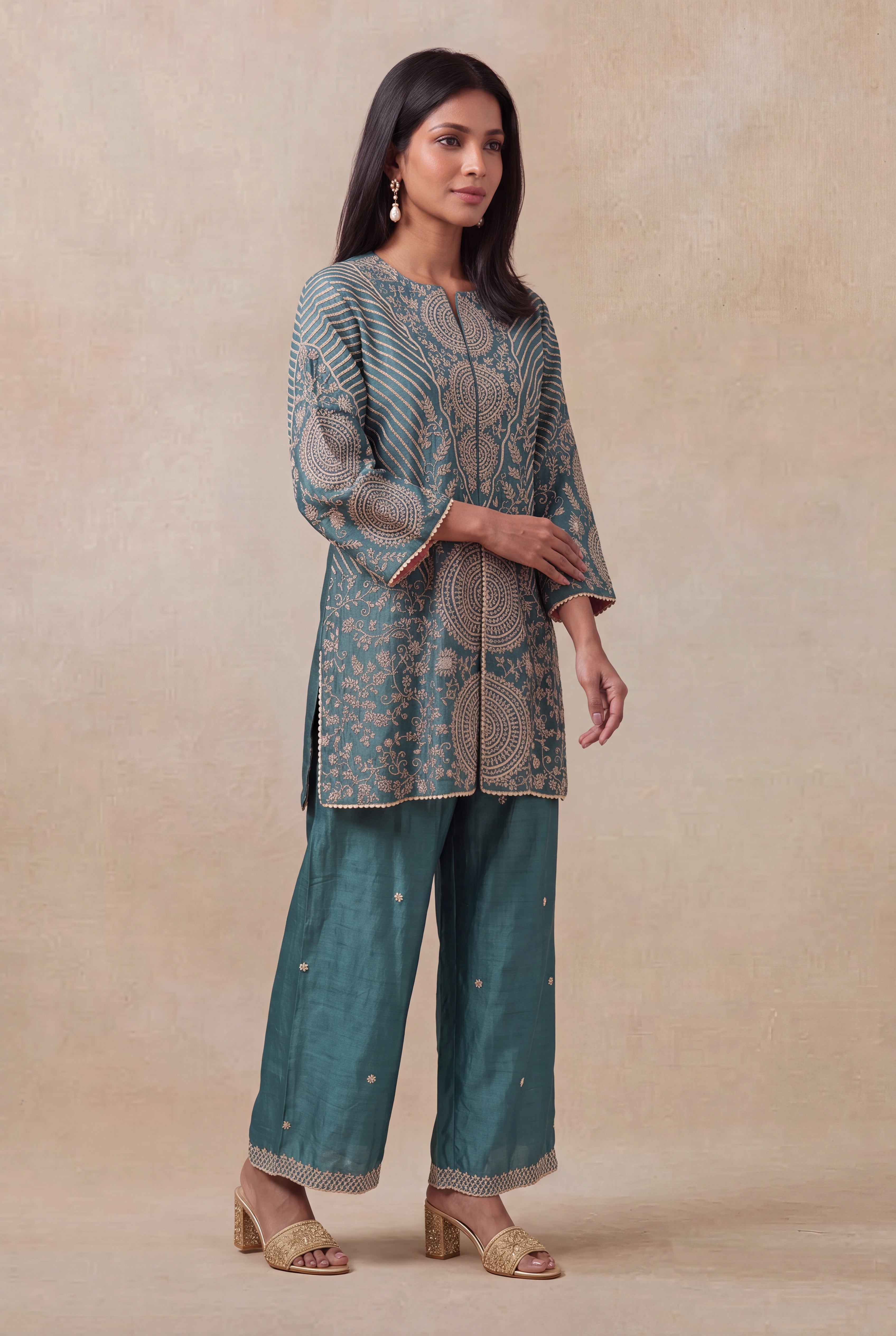 Teal Raw Silk Indo-Western Co-ord Set