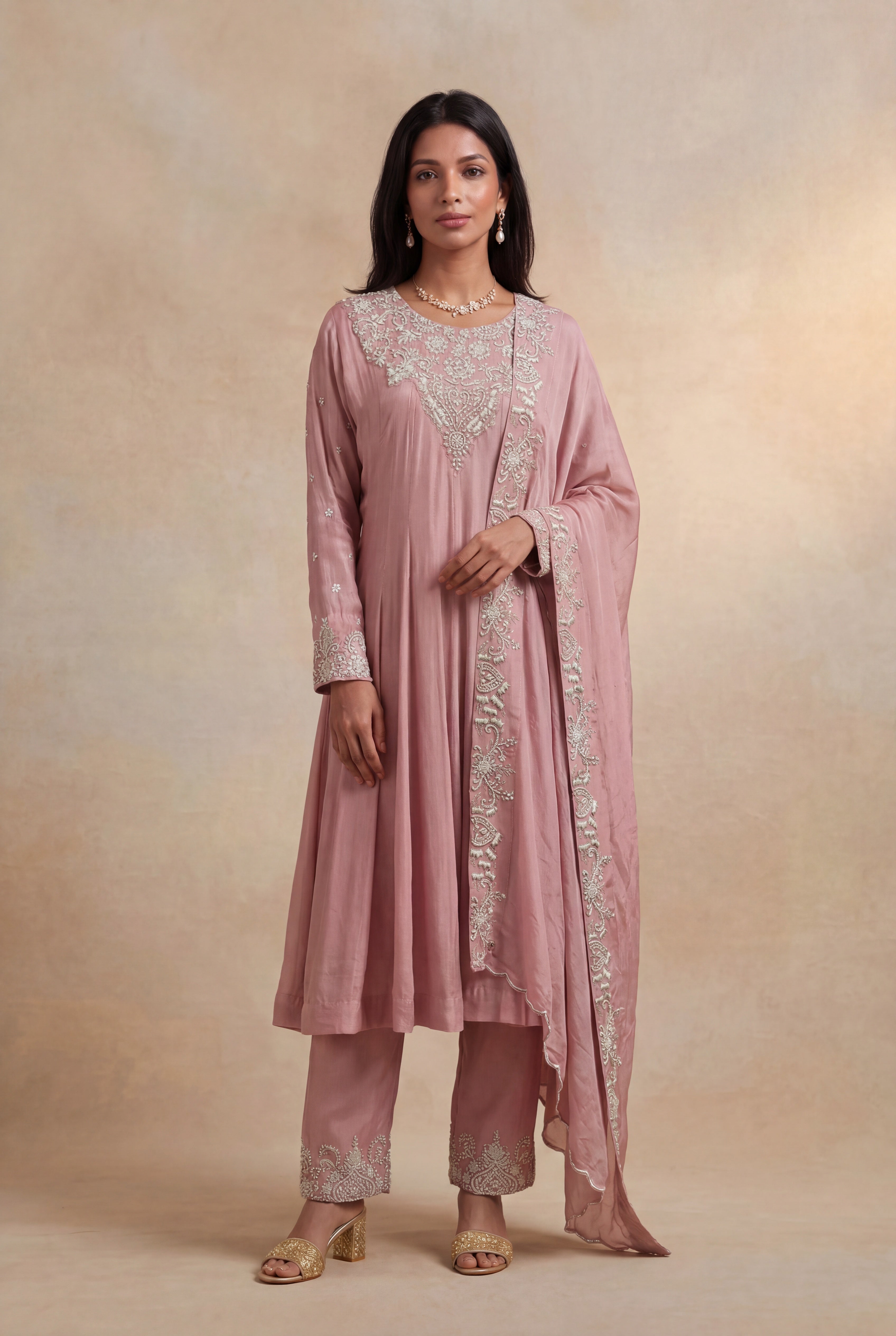 Peach Grape Fabric Embroidered Anarkali Suit Set with Dupatta