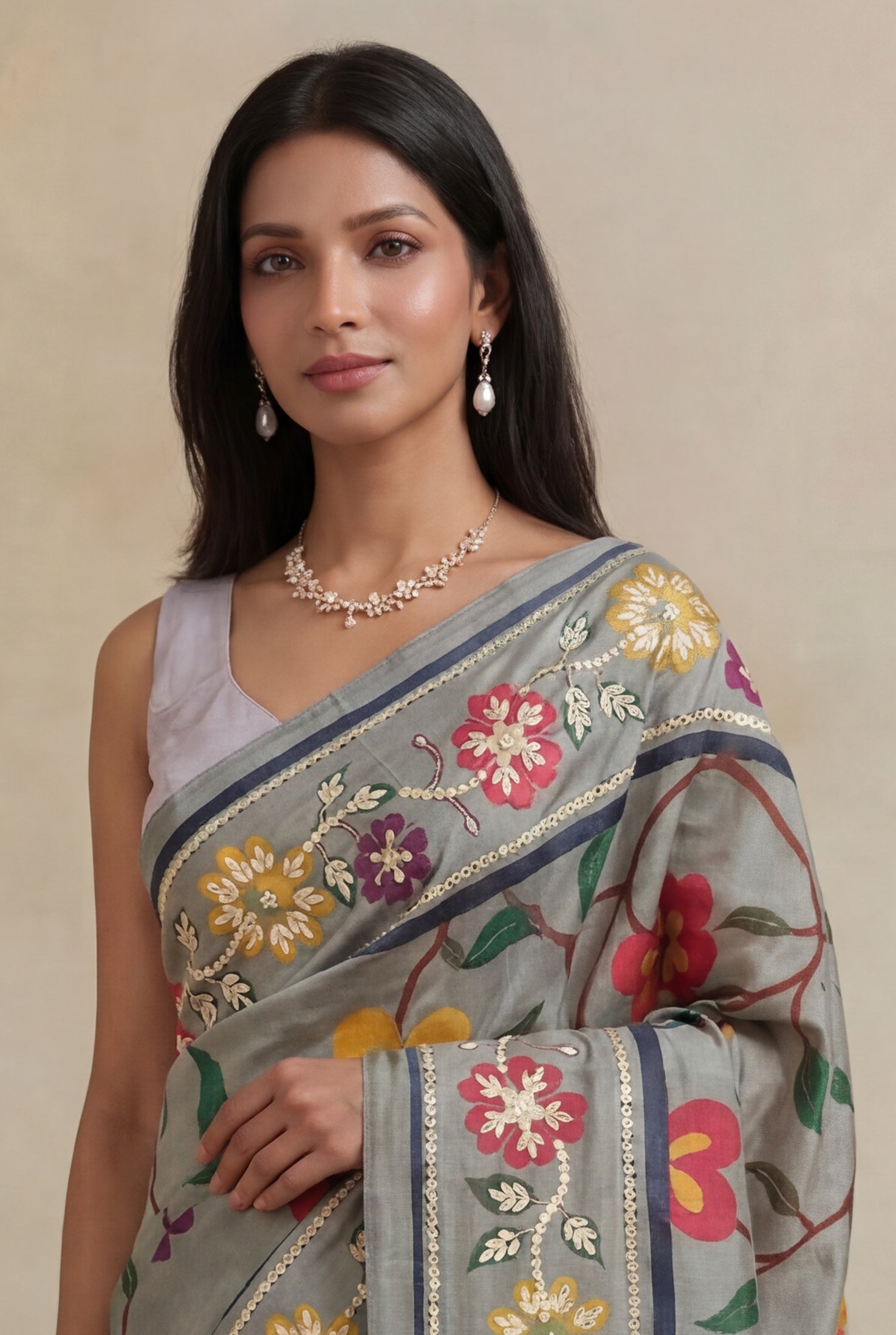 Grey Tussar Silk Saree