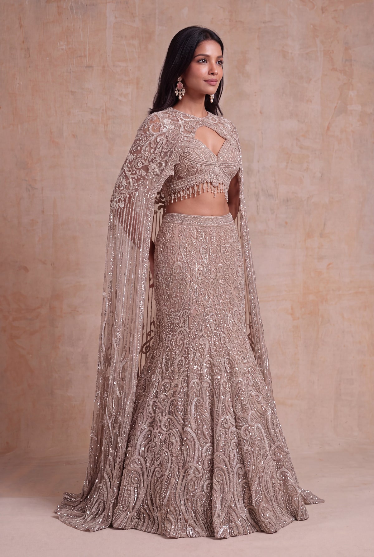 Taupe Net Fish-Cut Lehenga - Mokshaa