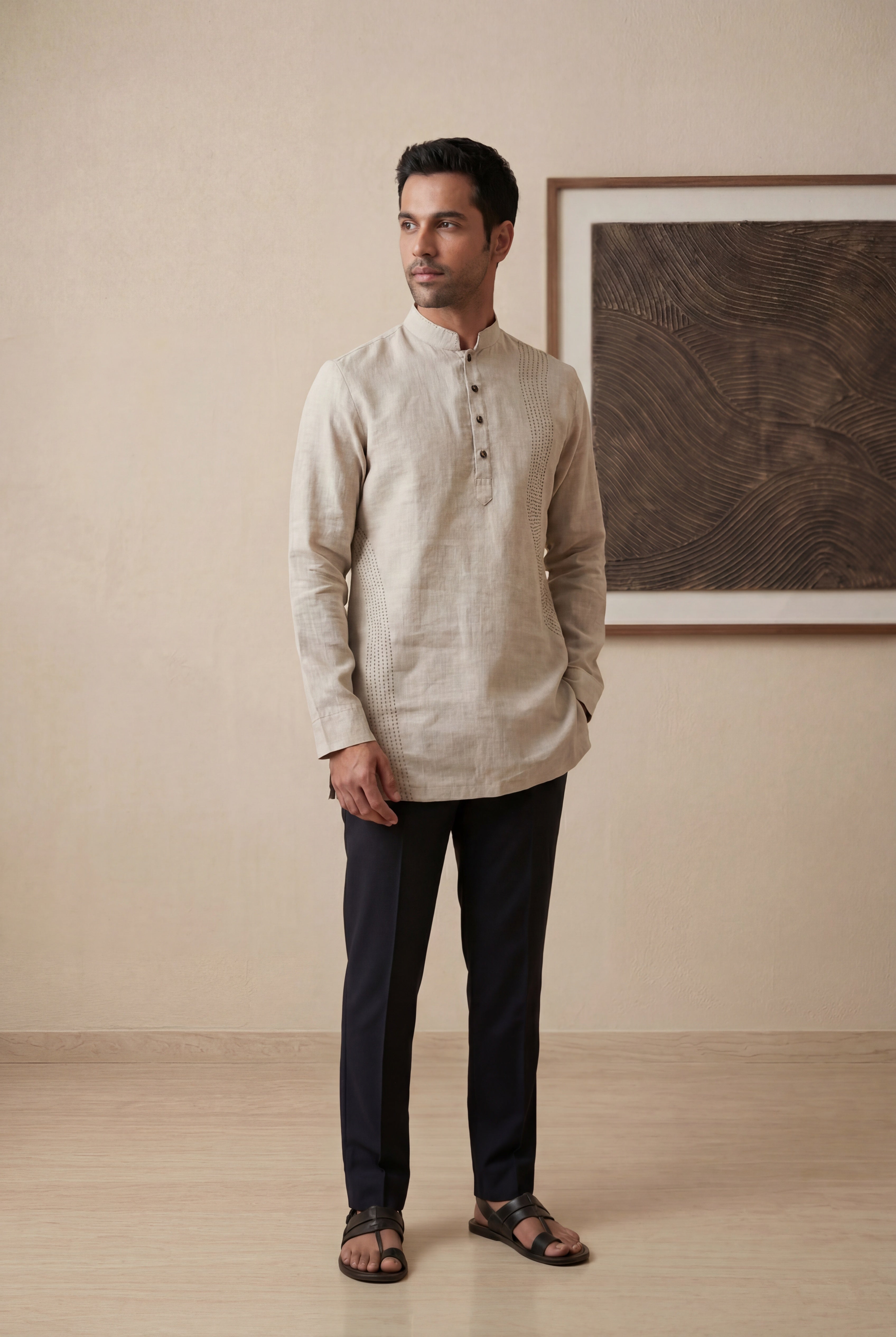 Beige Linen Short Kurta with Thread Detailing