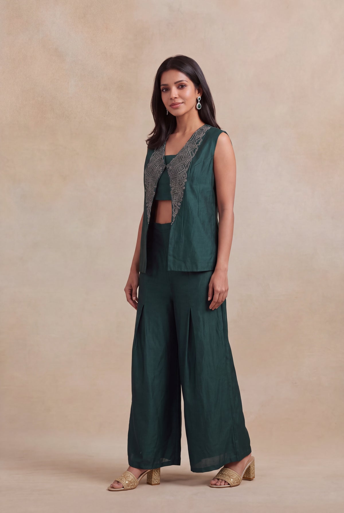 Emerald Green Silk Indo-Western Three-Piece Set - Mokshaa