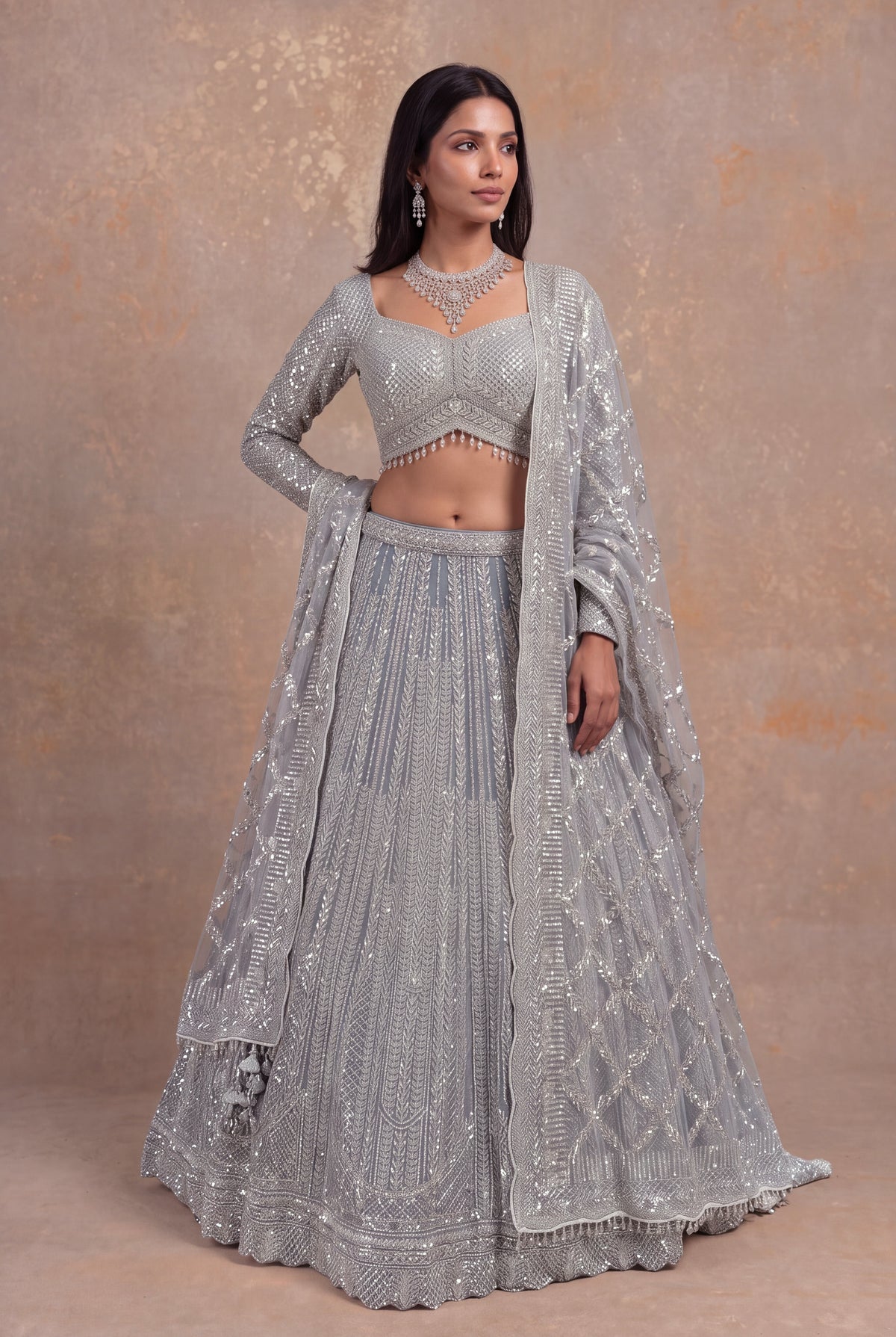Ice Blue Net Sequin & Stone Embellished Lehenga Set - Mokshaa