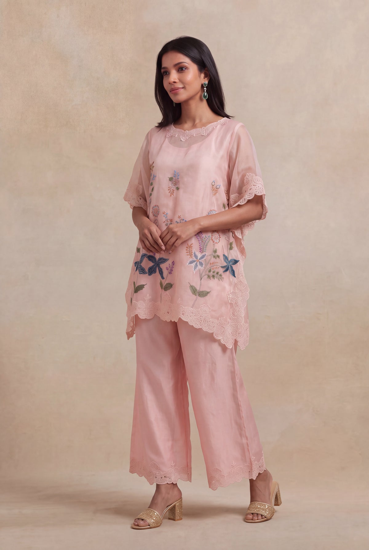Blush Pink Organza Kaftan with Floral Thread Embroidery - Mokshaa