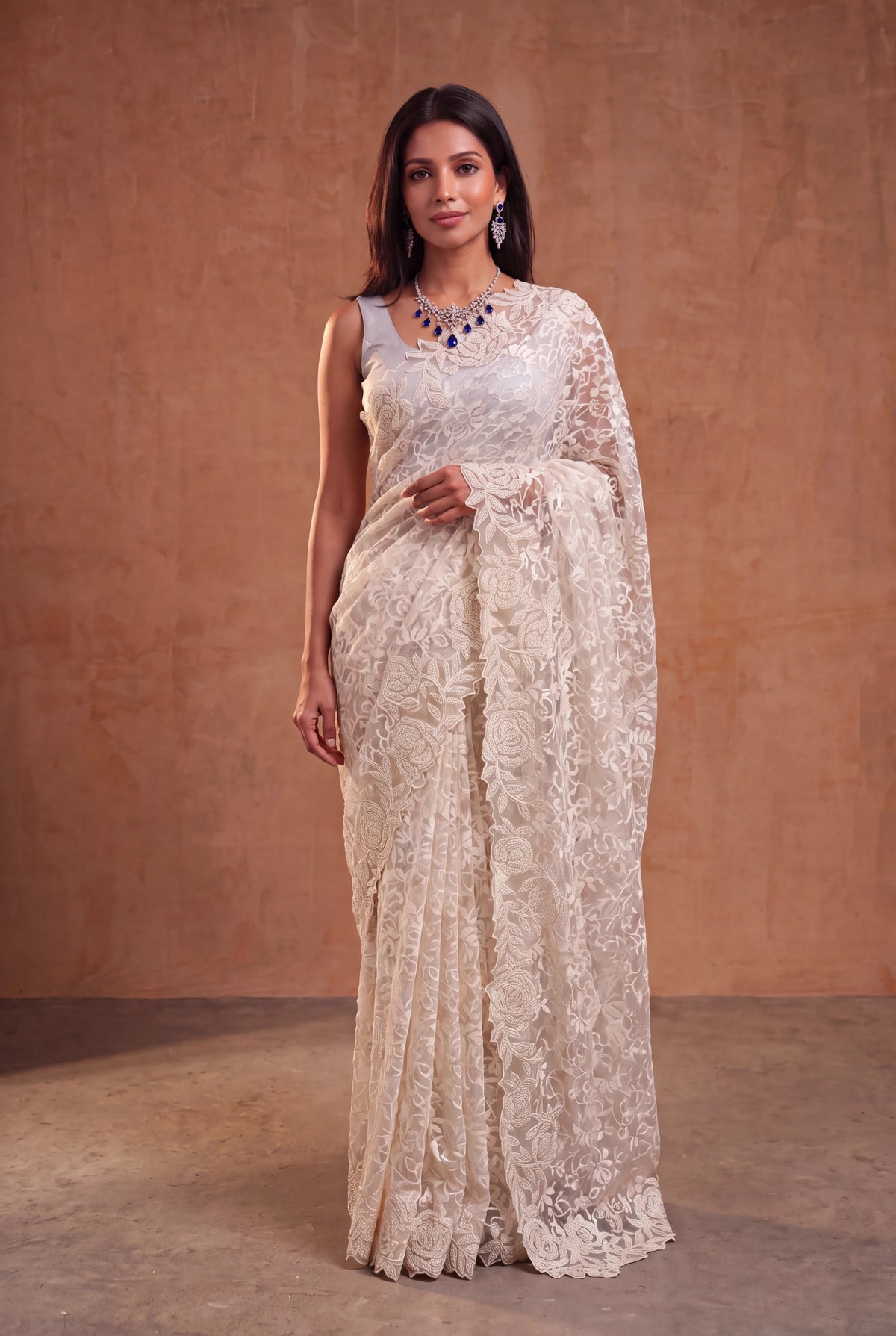 Off-White Lace Saree with Appliqué Work - Mokshaa