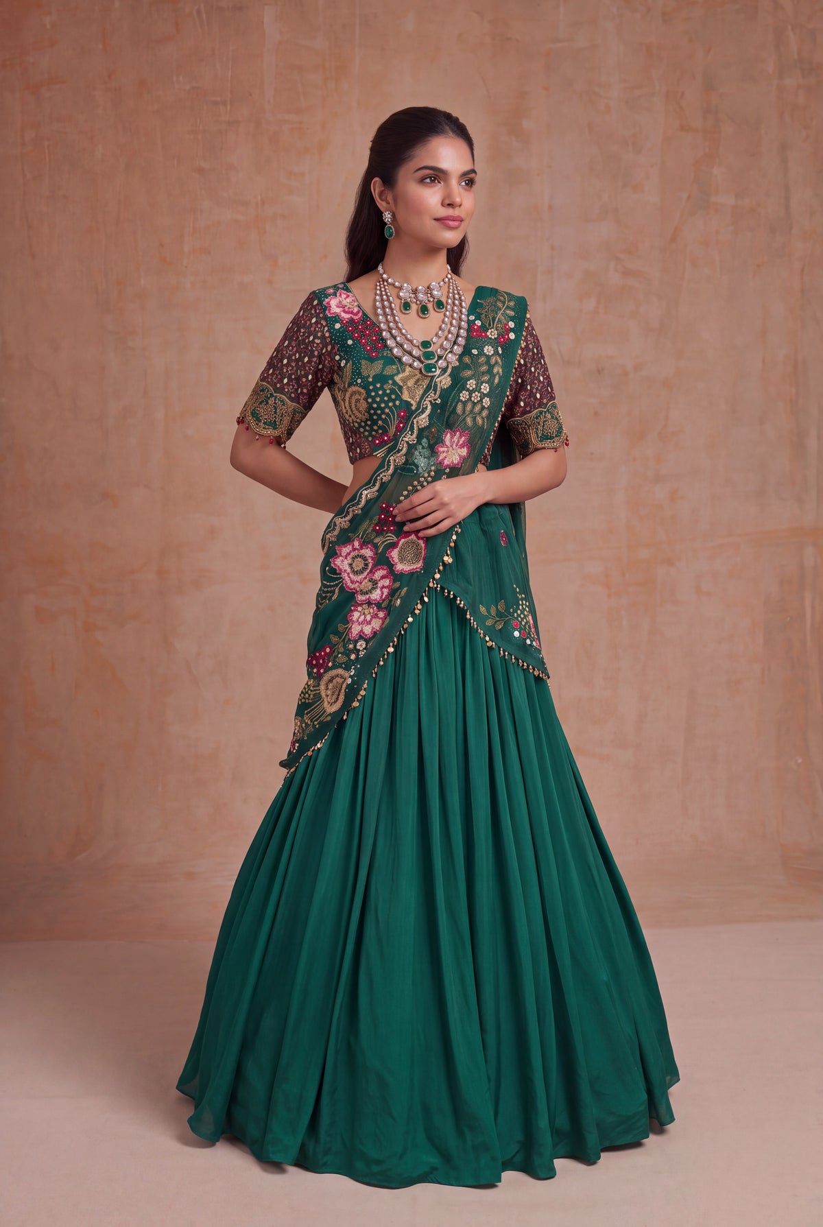 Emerald Green Draped Silk Lehenga set - Mokshaa