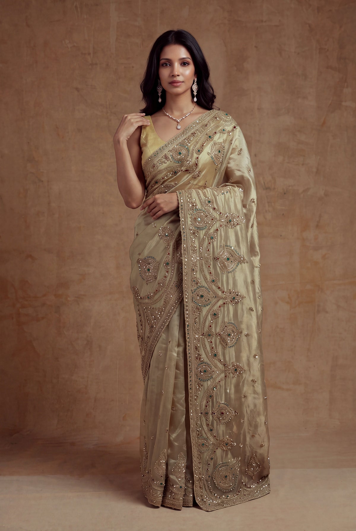Antique Gold Tissue Zardosi Saree - Mokshaa