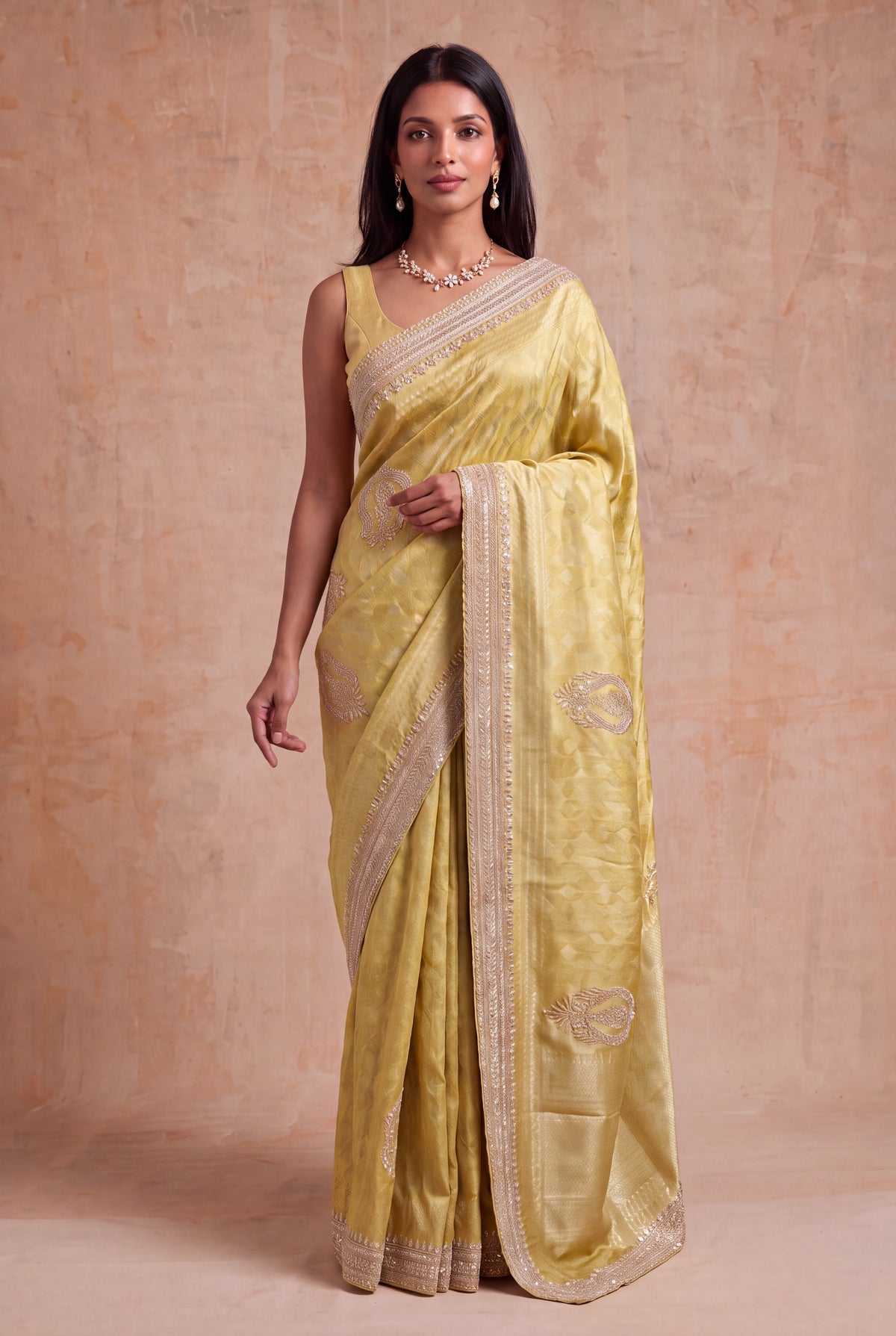 Lime Yellow Zari Weave Saree with Zardosi Work - Mokshaa