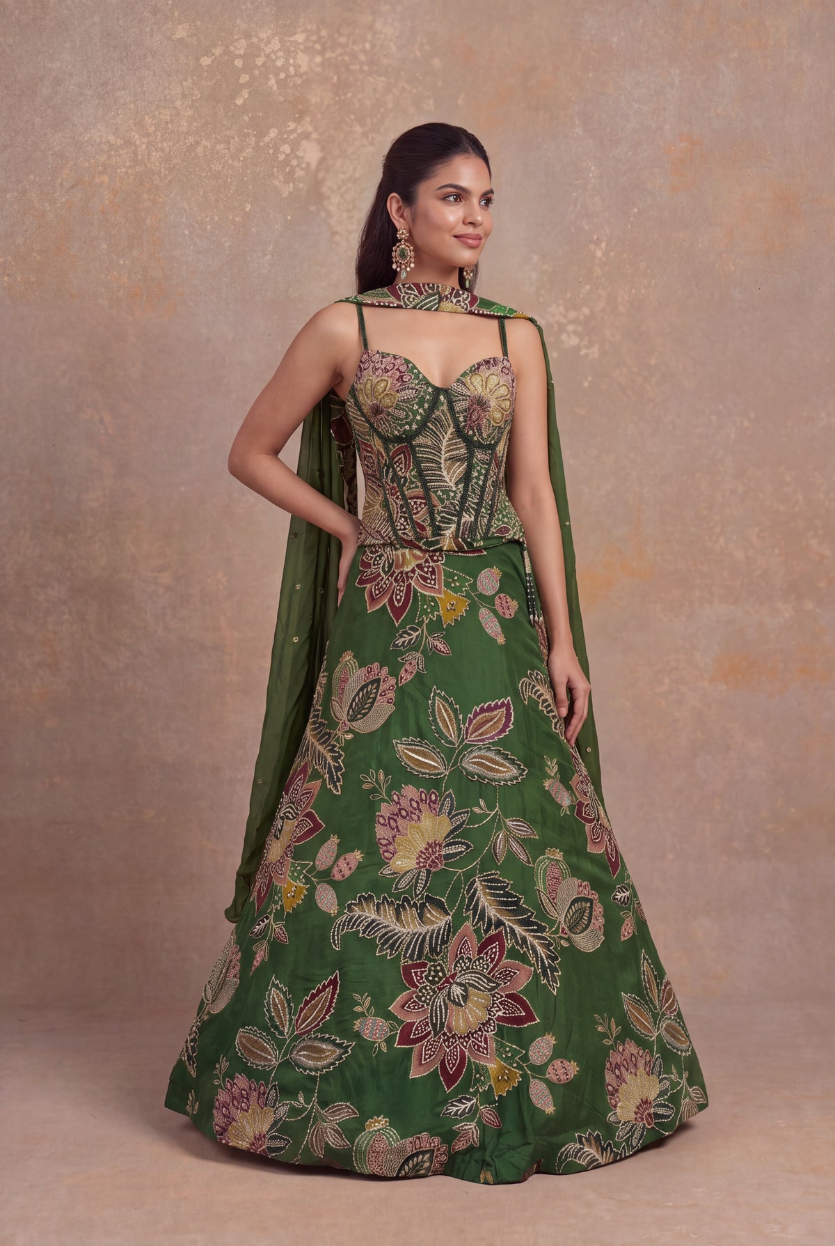 Forest Green Organza Floral Embroidered Corset Lehenga - Mokshaa