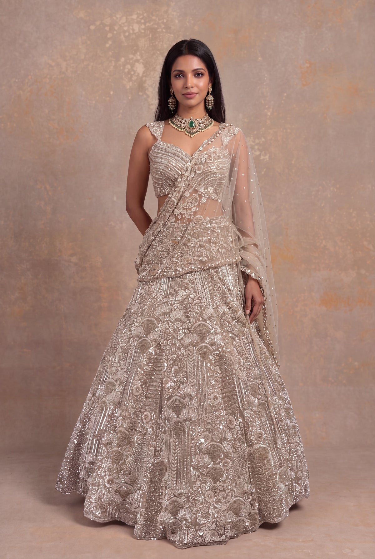 Beige Gold Net Lehenga with Sequin and Bead Embroidery - Mokshaa