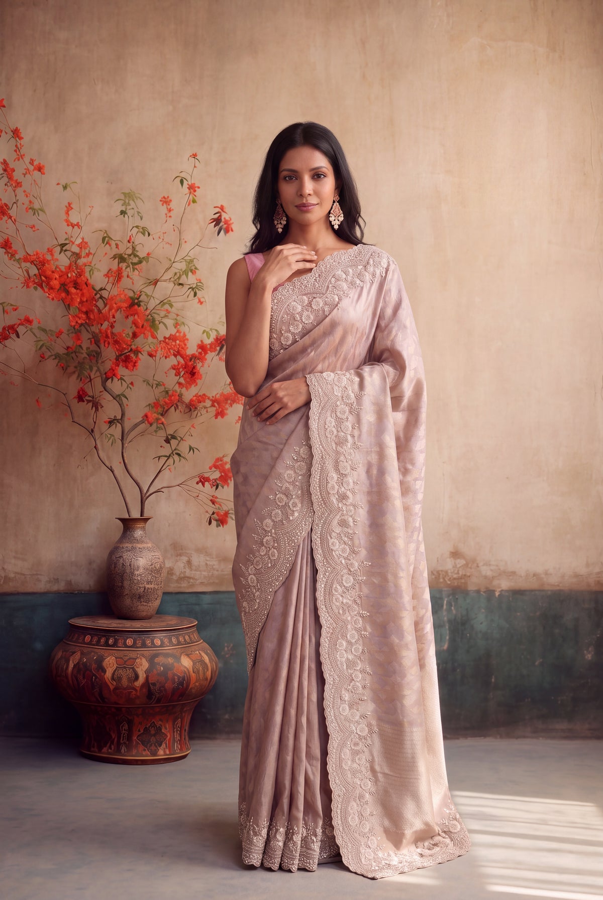 Peach Zari Weave Saree with Scalloped Border - Mokshaa
