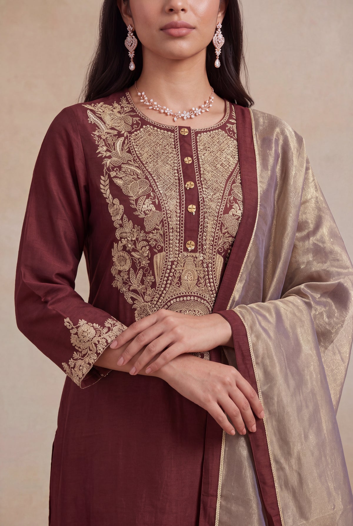 Wine Raw Silk Zardosi A-Line Salwar Set - Mokshaa