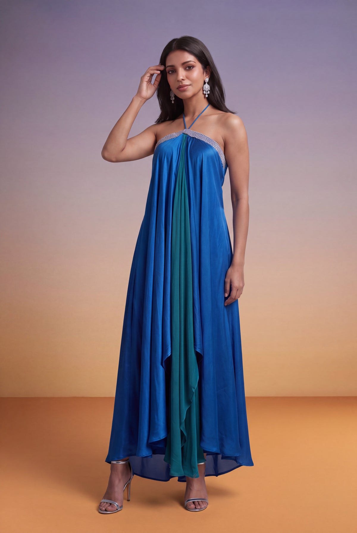 Blue & Teal Draped Halter-Neck Indo-Western Dress - Mokshaa
