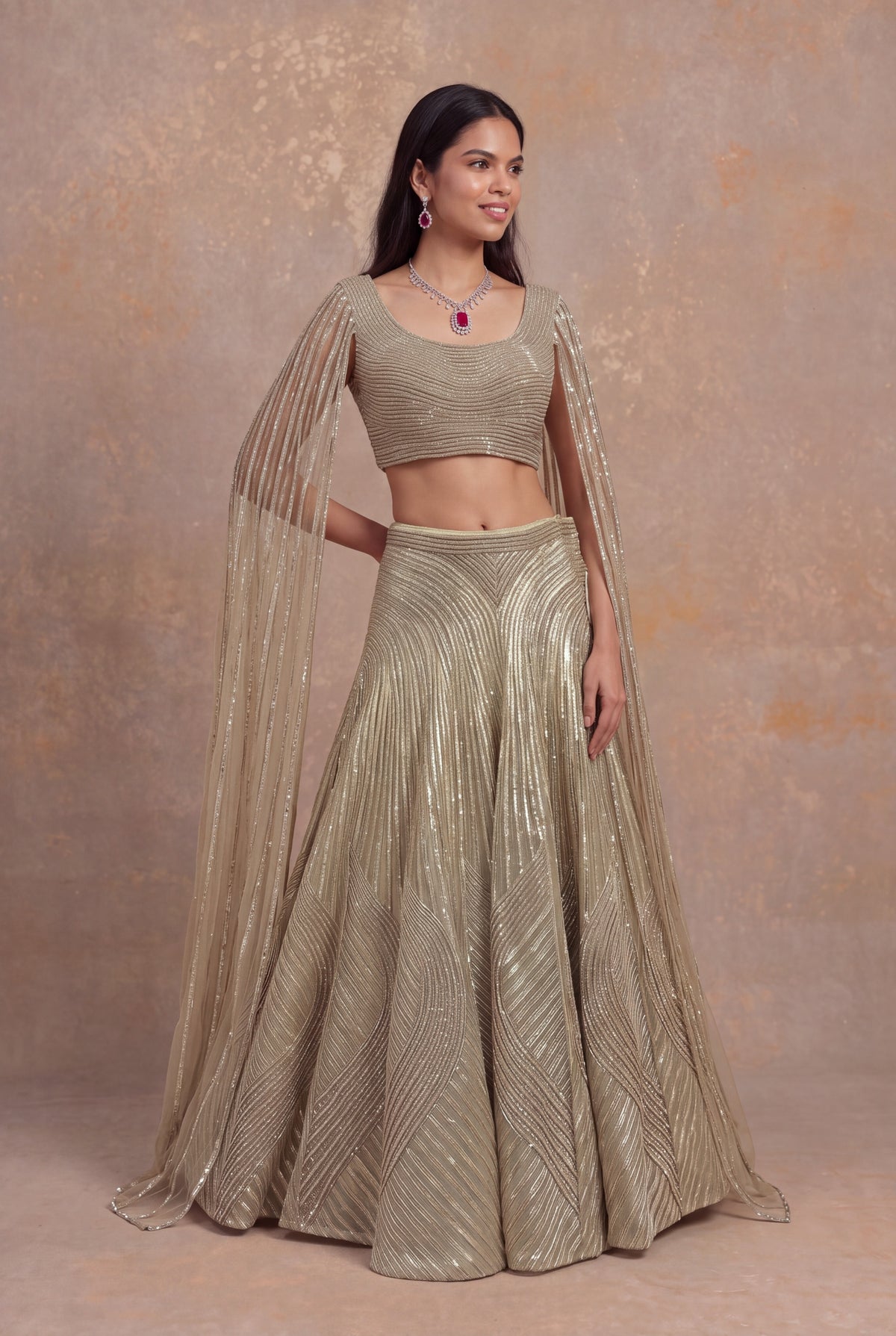 Gold Organza Lehenga with Attached Dupatta Blouse - Mokshaa