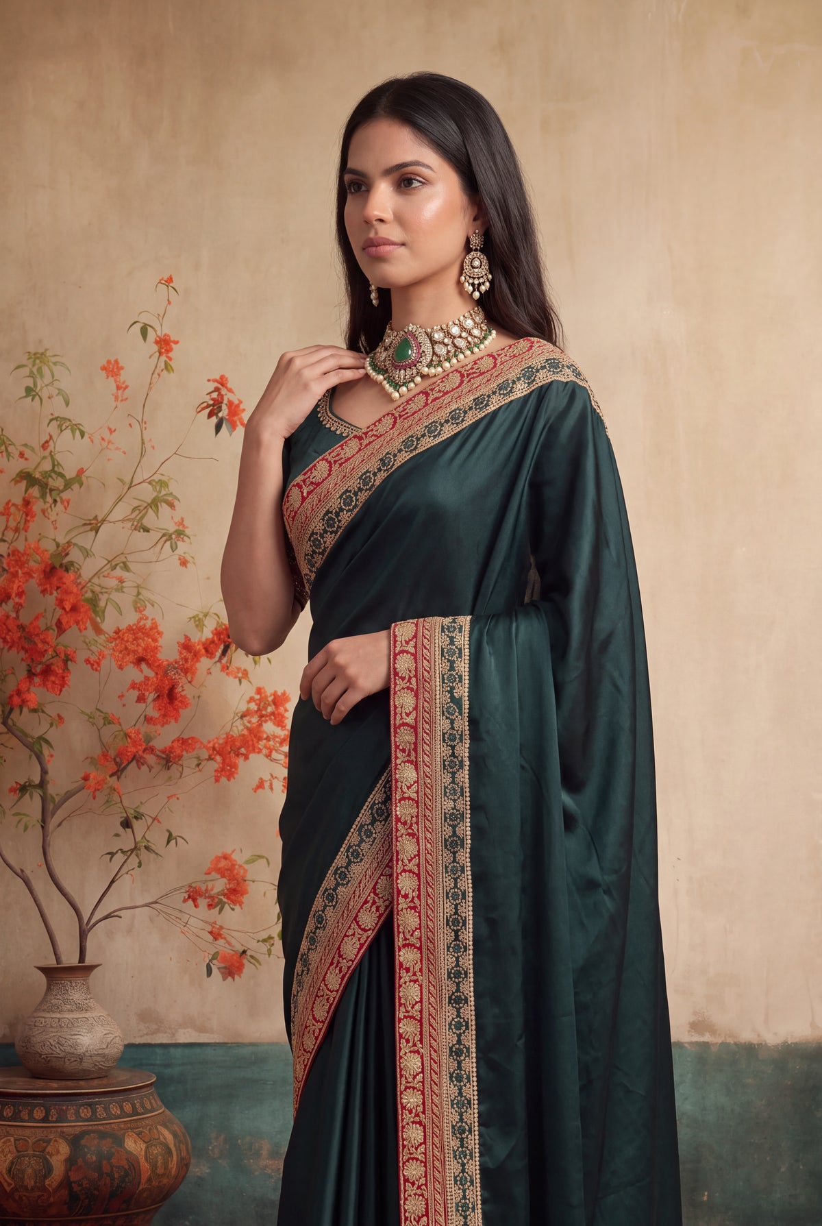 Bottle Green Satin Silk Saree - Mokshaa