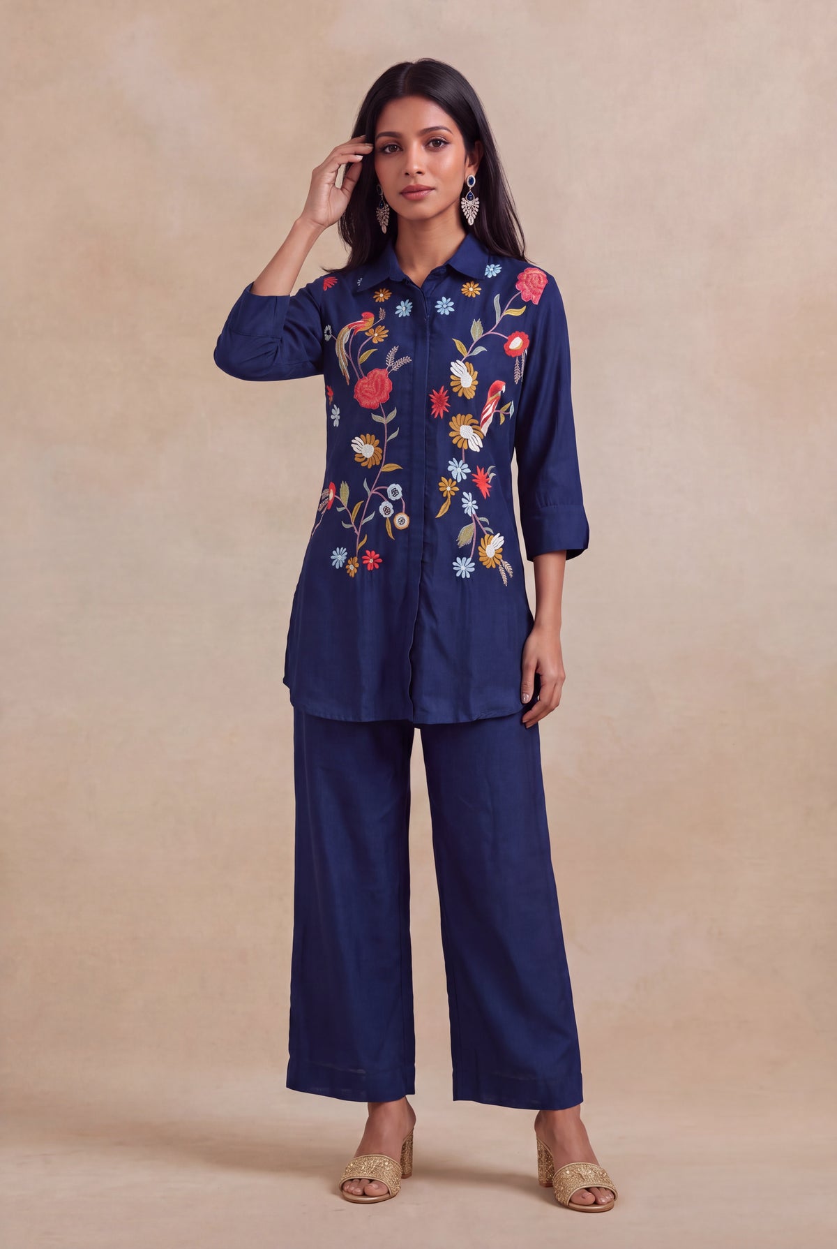 Navy Blue Silk Co-ord Set with Multicolour Embroidery - Mokshaa