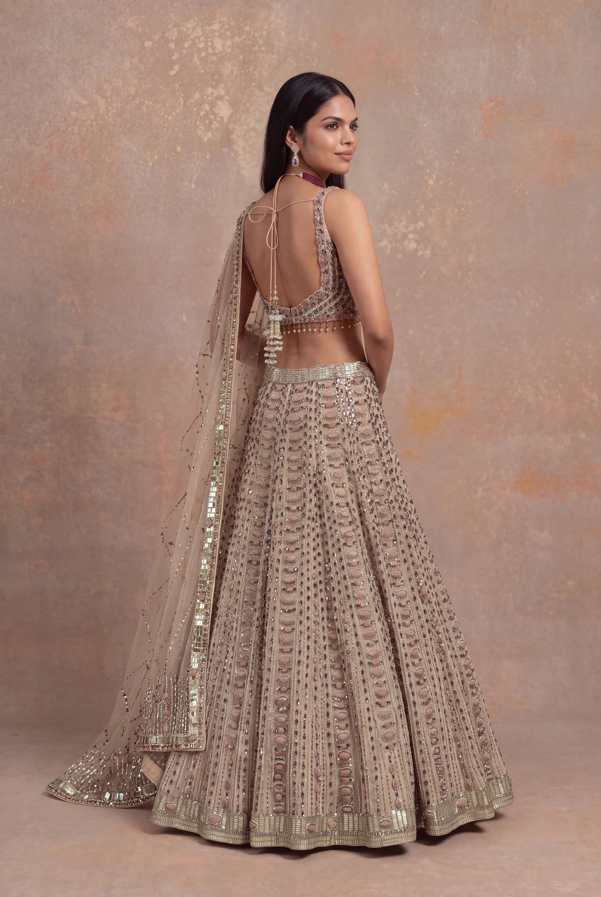 Light Peach Silk Lehenga Set with Stone and Pearl Embroidery - Mokshaa