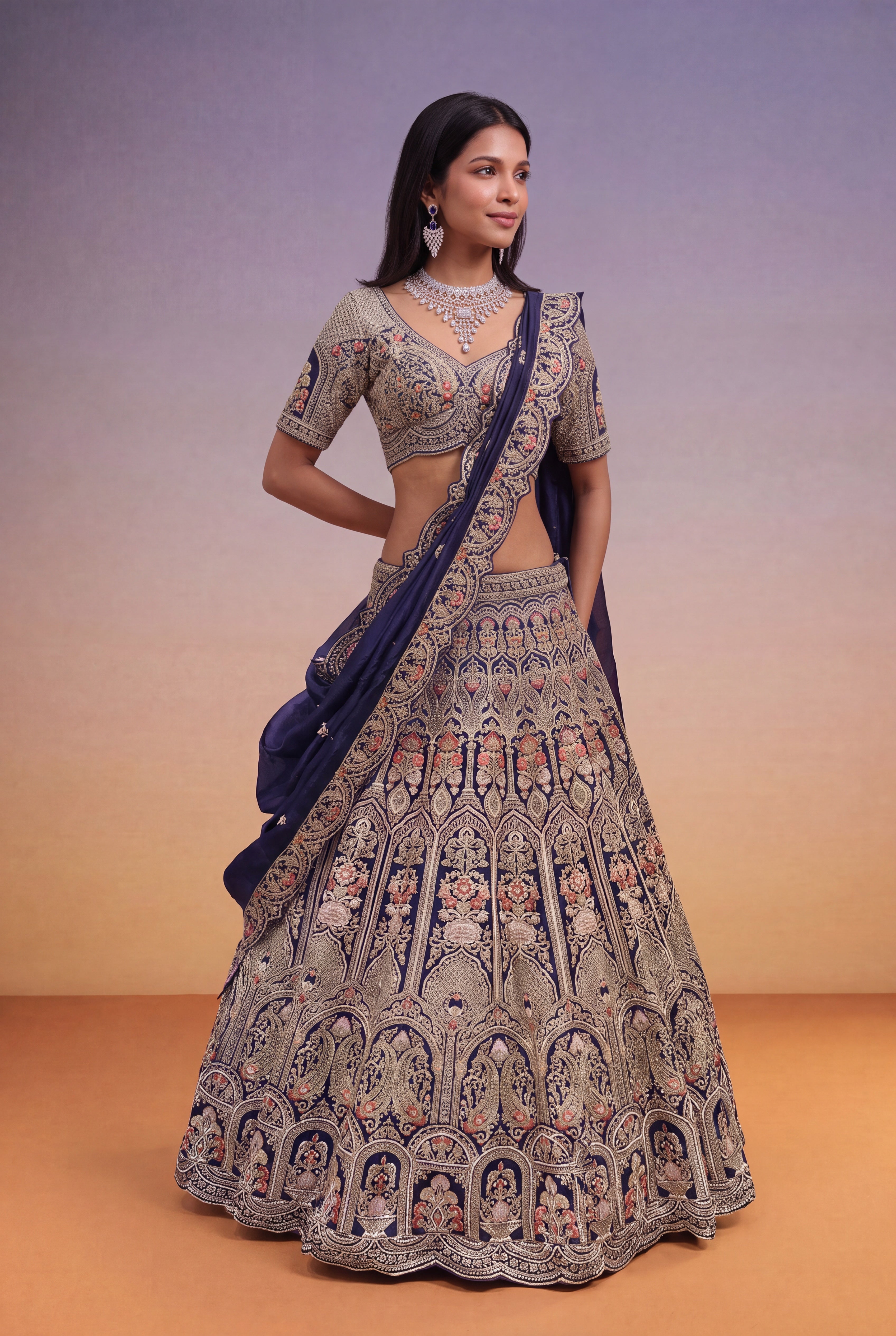 Navy Blue Raw Silk Bridal Lehenga
