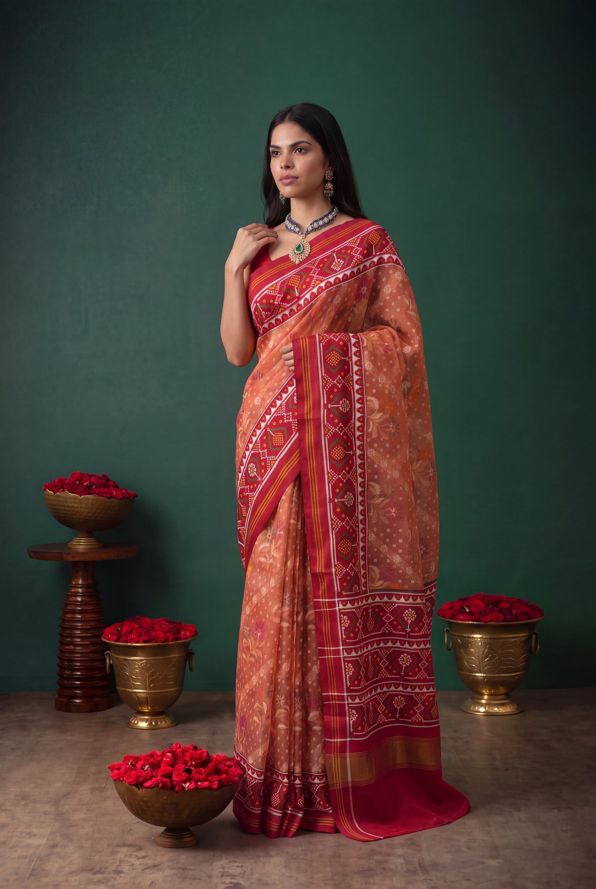 Peach Kora Silk Jamdani Saree - Mokshaa