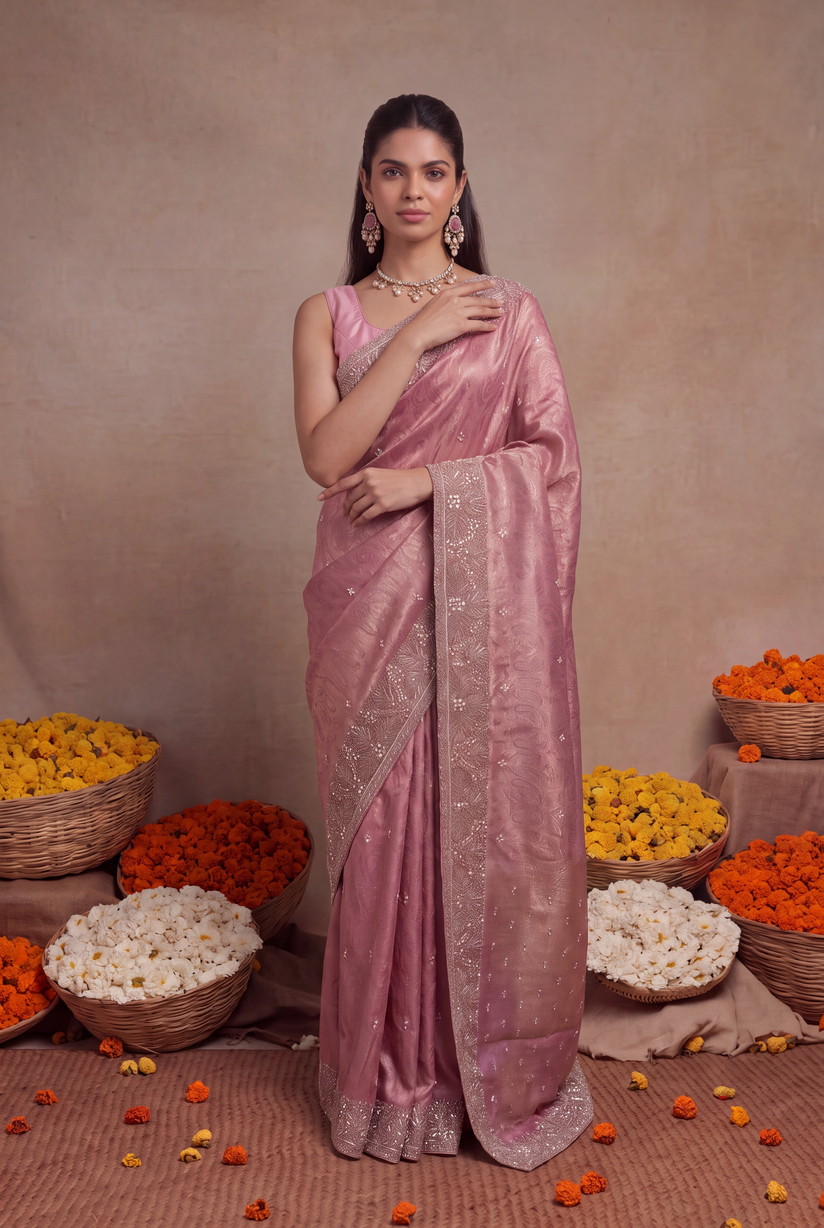 Pink Banarasi Silk Saree with Embellished Border