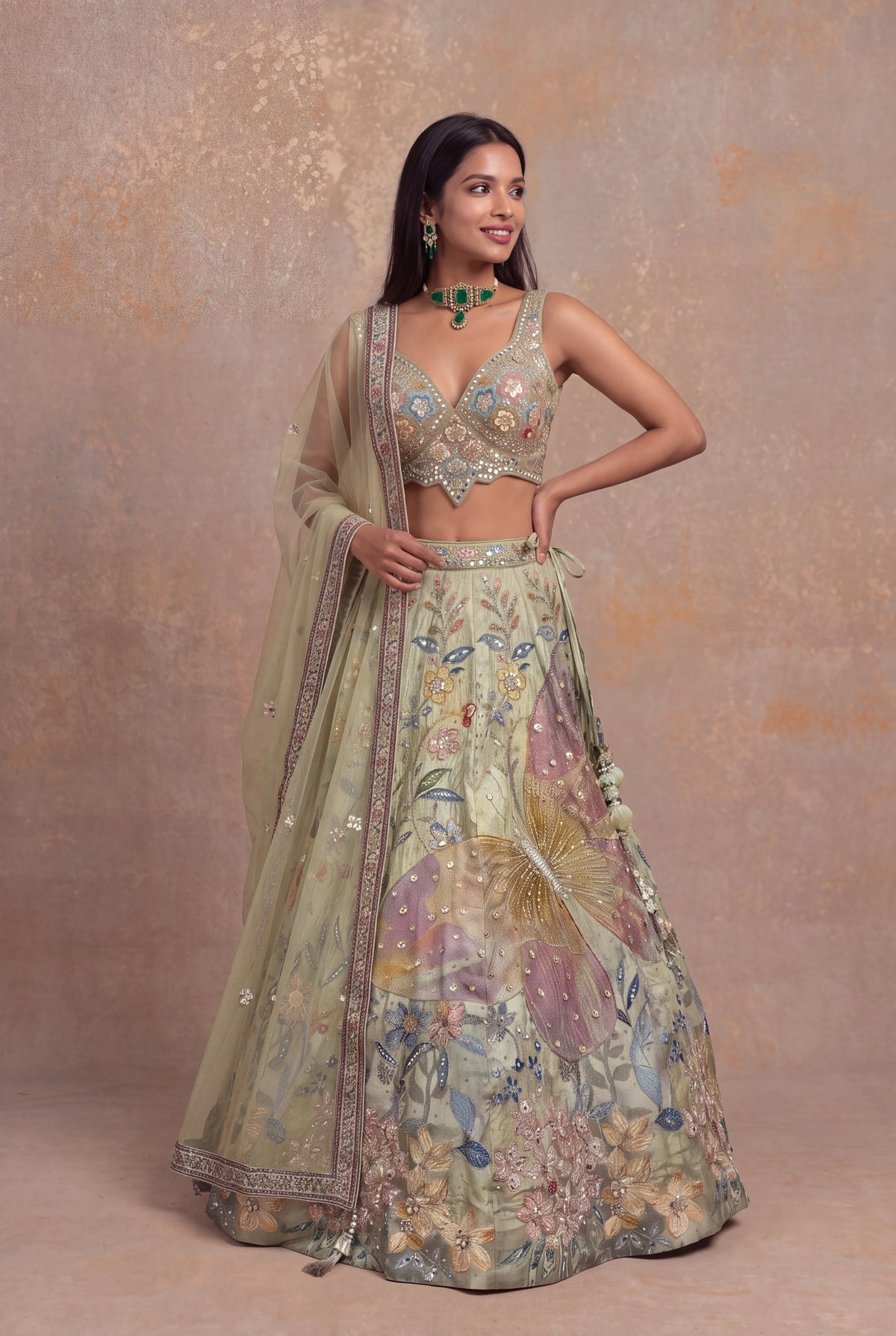 Pista Green Silk Floral Embroidered Lehenga - Mokshaa
