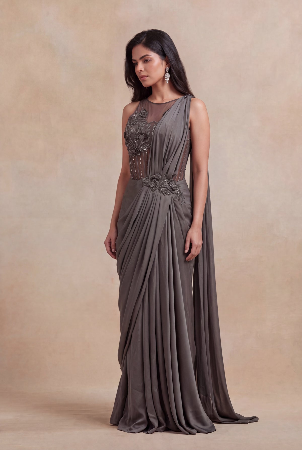 Charcoal Grey Draped Gown - Mokshaa