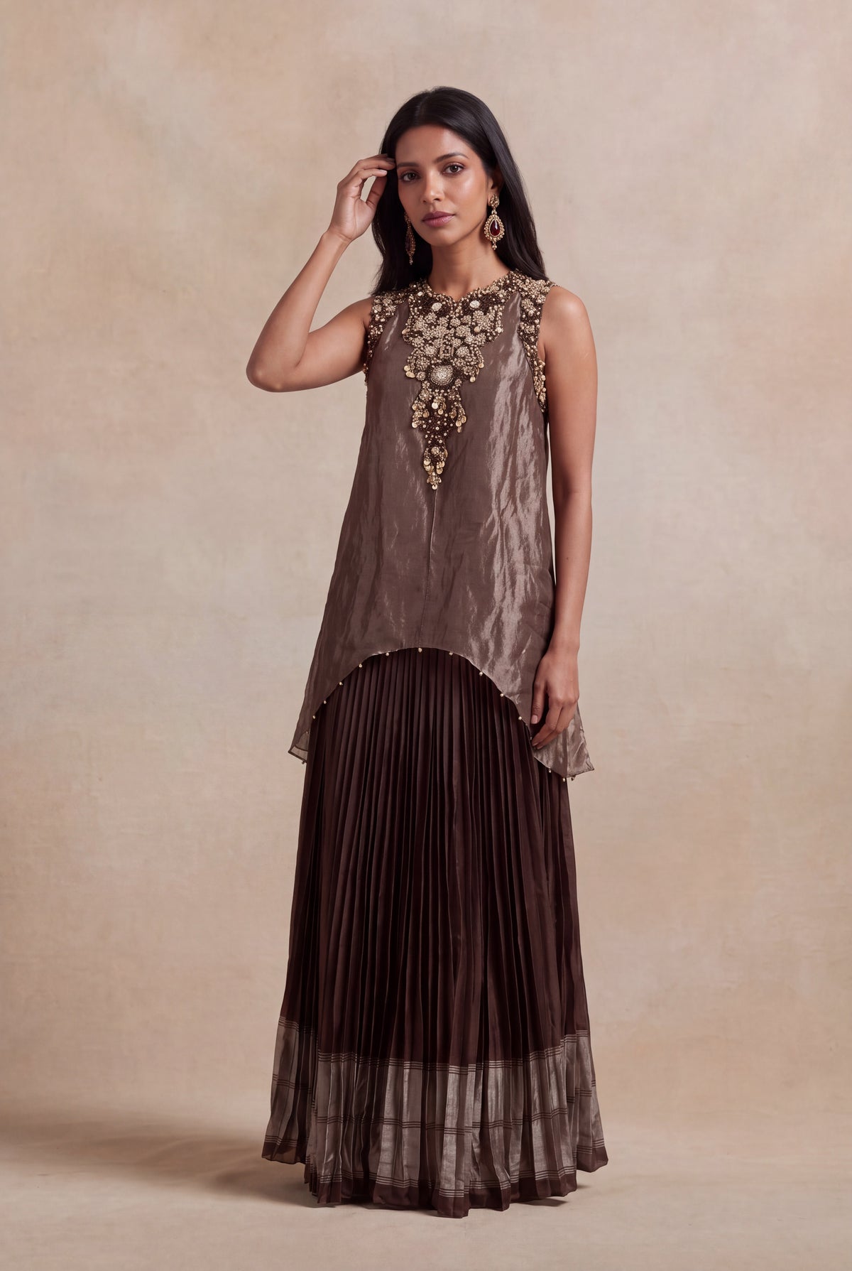 Bronze Crushed Tissue Top with Woven Silk Pleated Skirt - Mokshaa