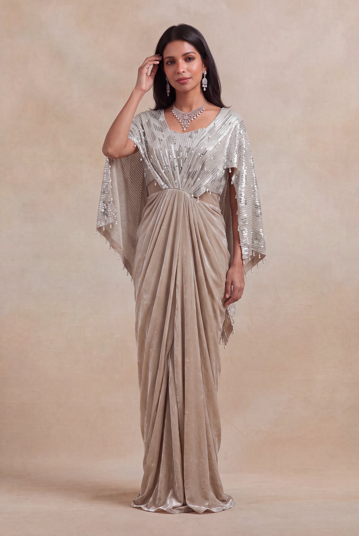 Champagne Silver Sequin & Pearl Draped Gown - Mokshaa