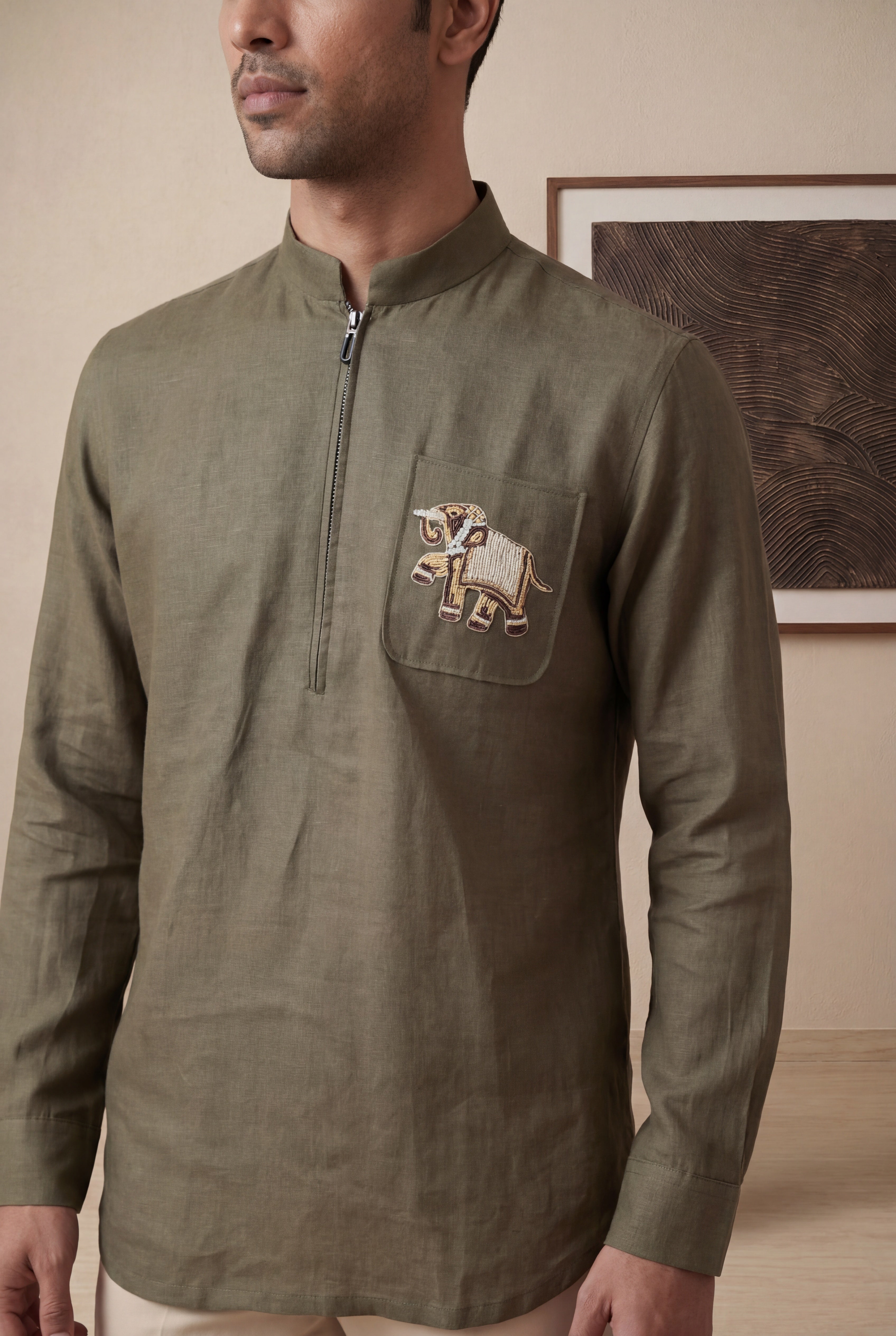 Mehendi Green Linen Short Kurta with Elephant Embroidery