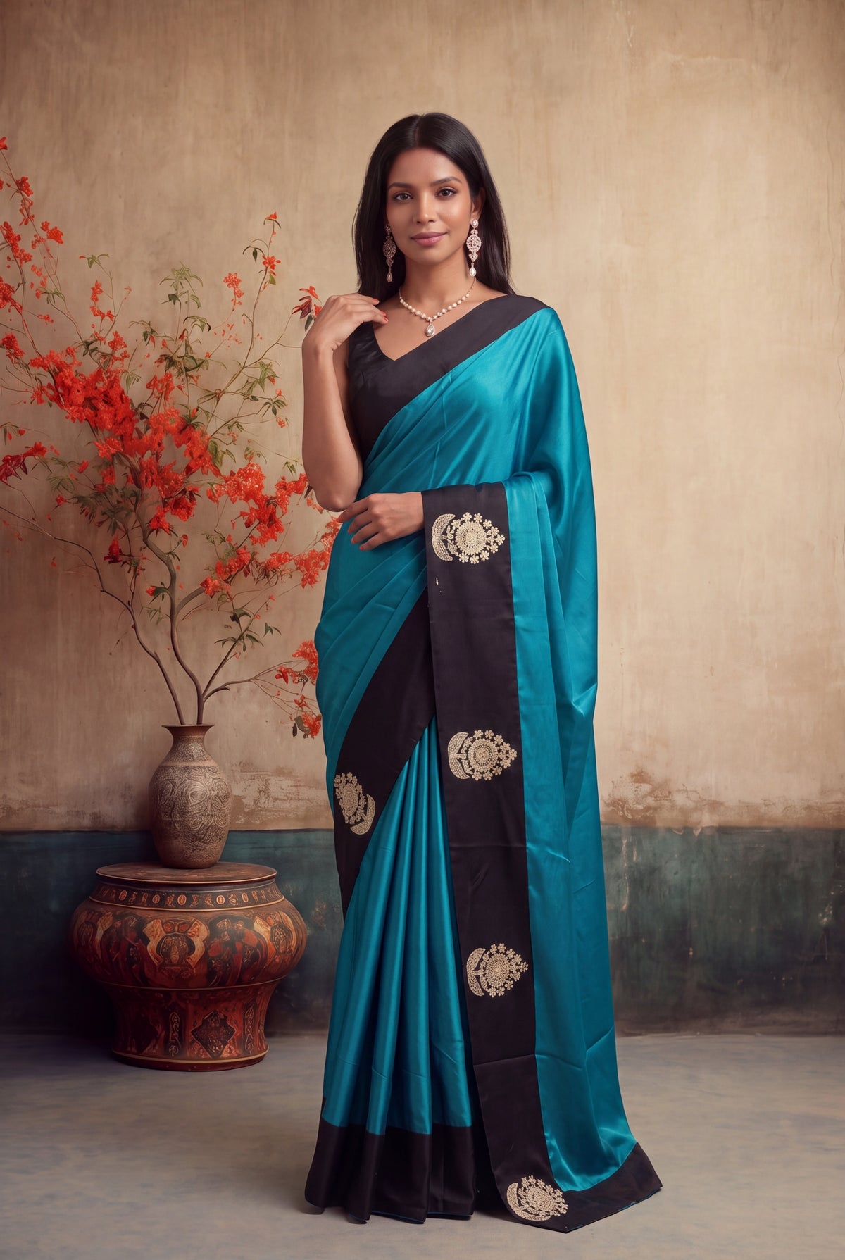 Teal Blue Crepe Silk Saree - Mokshaa