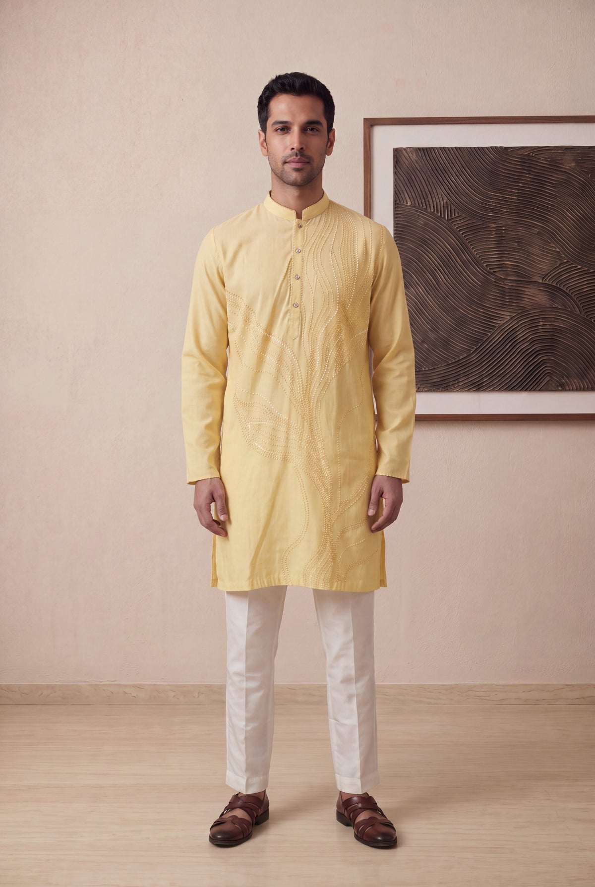 Yellow Silk Cotton Kurta Pant Set - Mokshaa