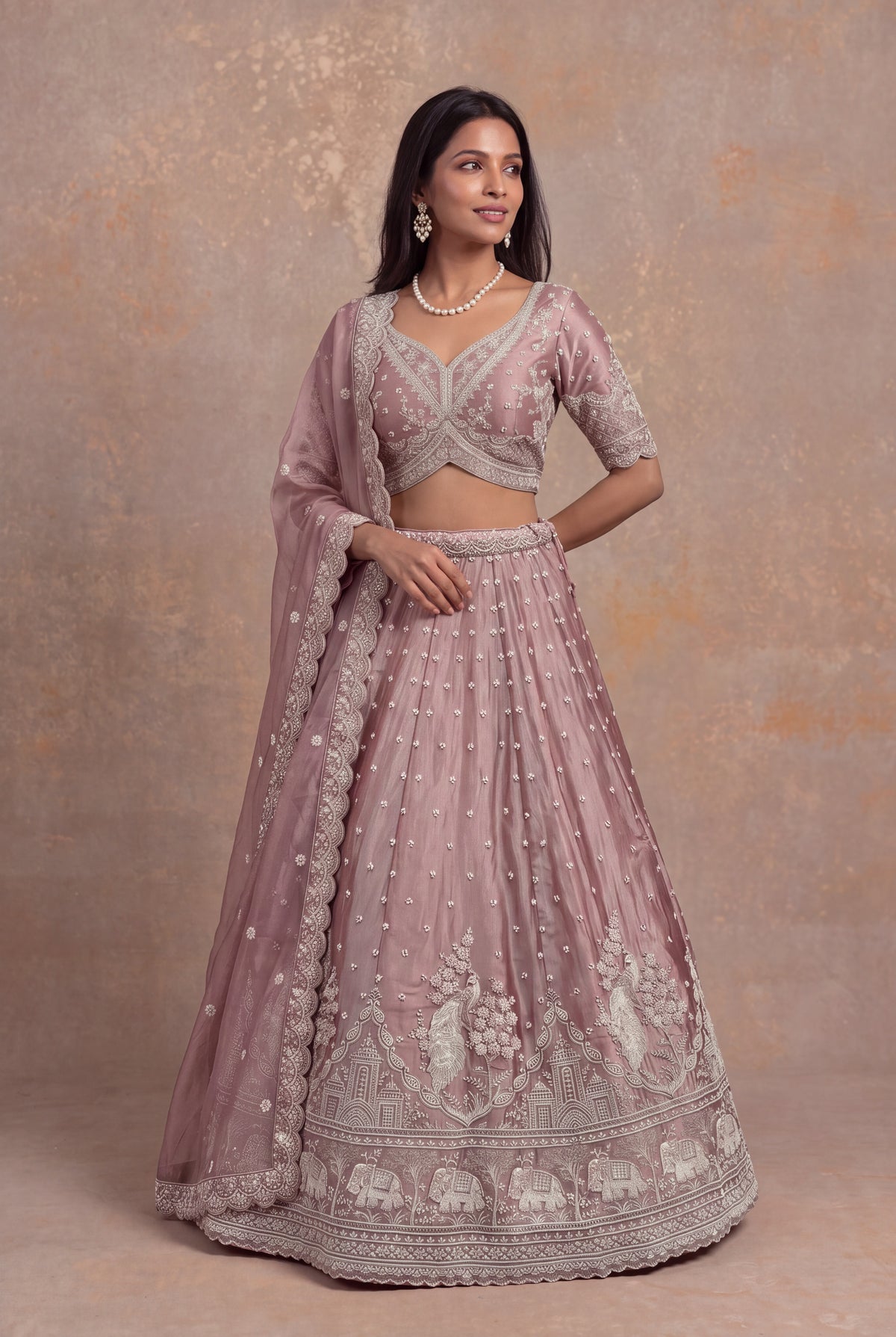 Dusty Rose Shimmer Organza Embroidered Lehenga - Mokshaa