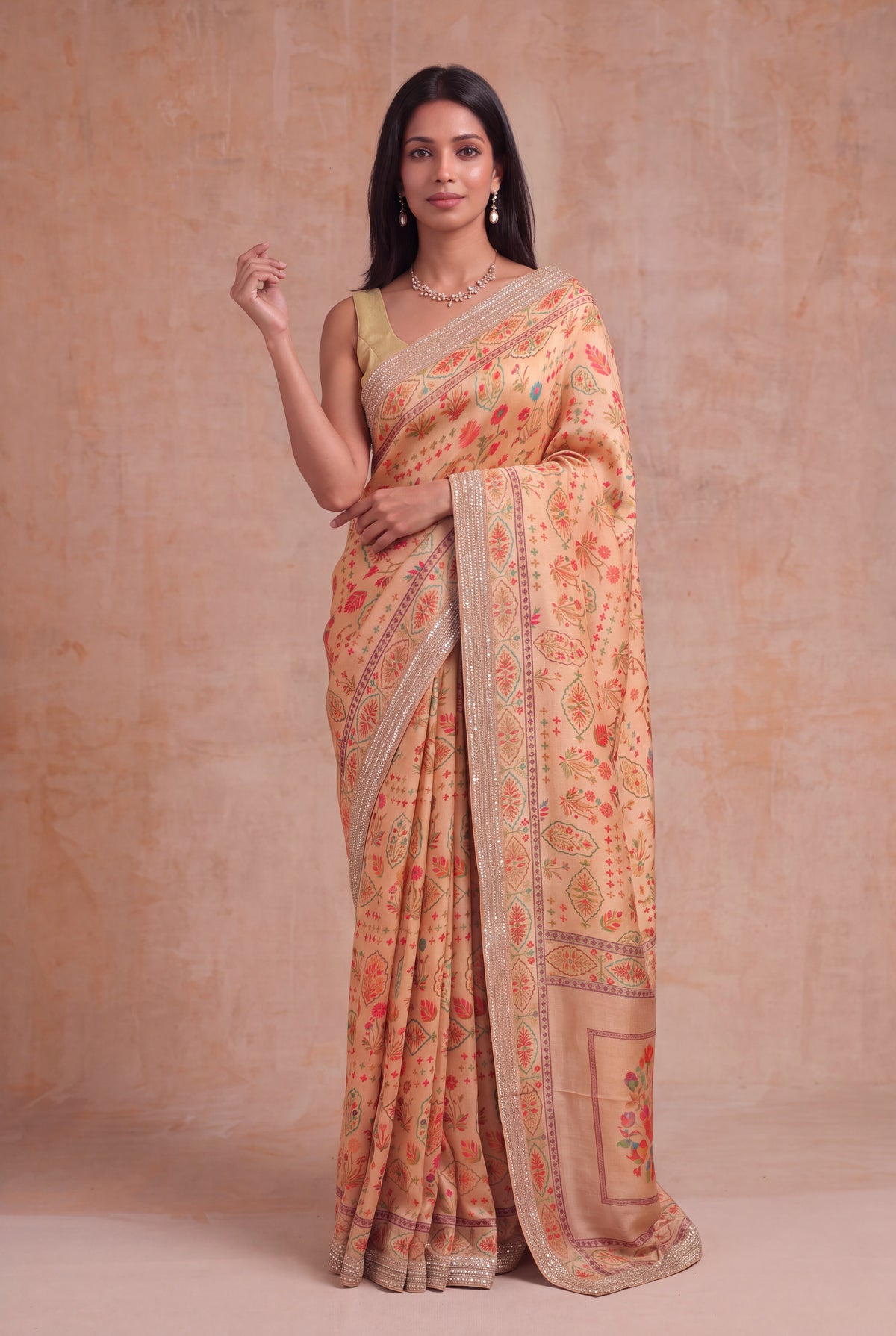 Peach Tissue Georgette Printed Saree - Mokshaa