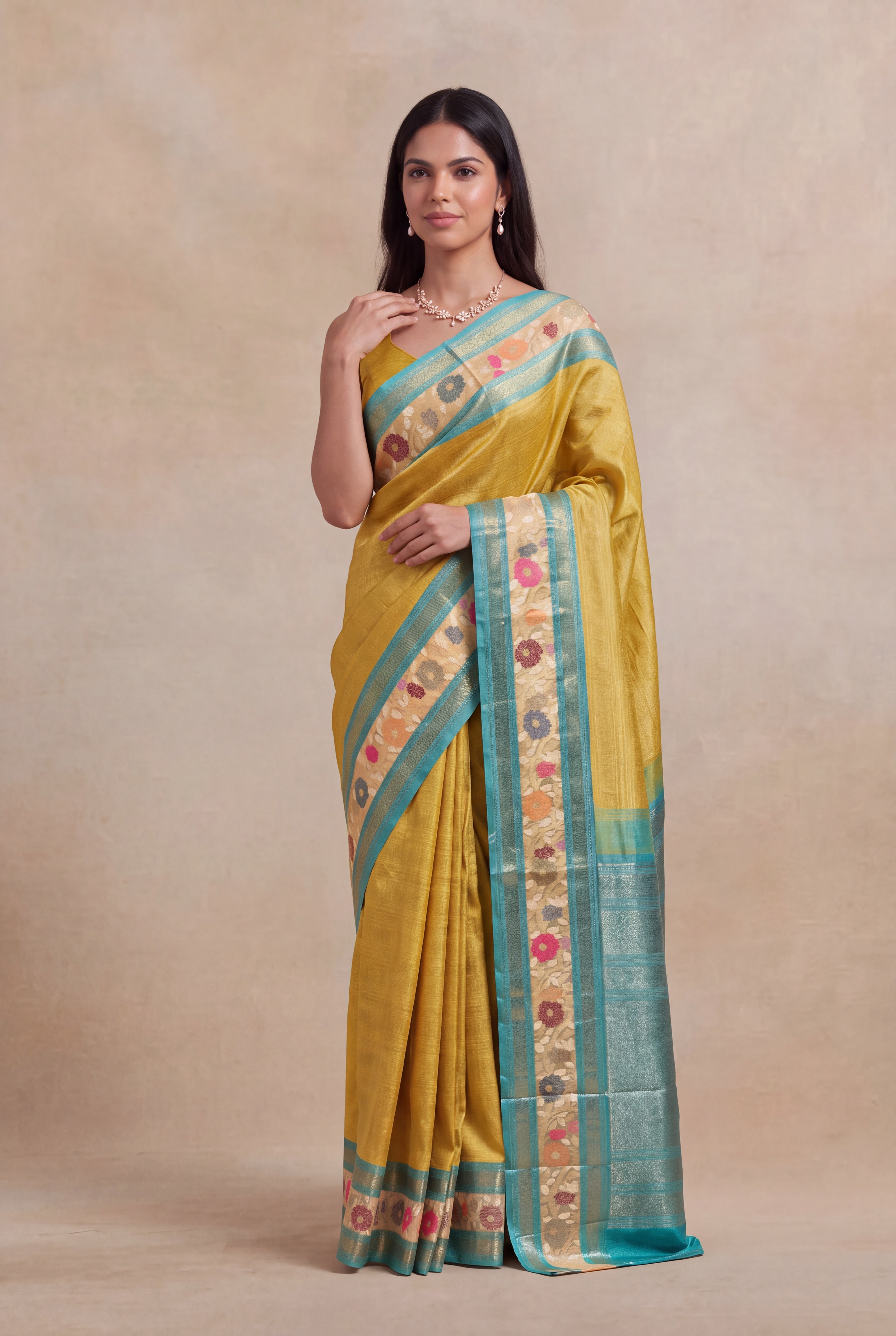 Yellow Kanchivaram Silk Fusion Saree
