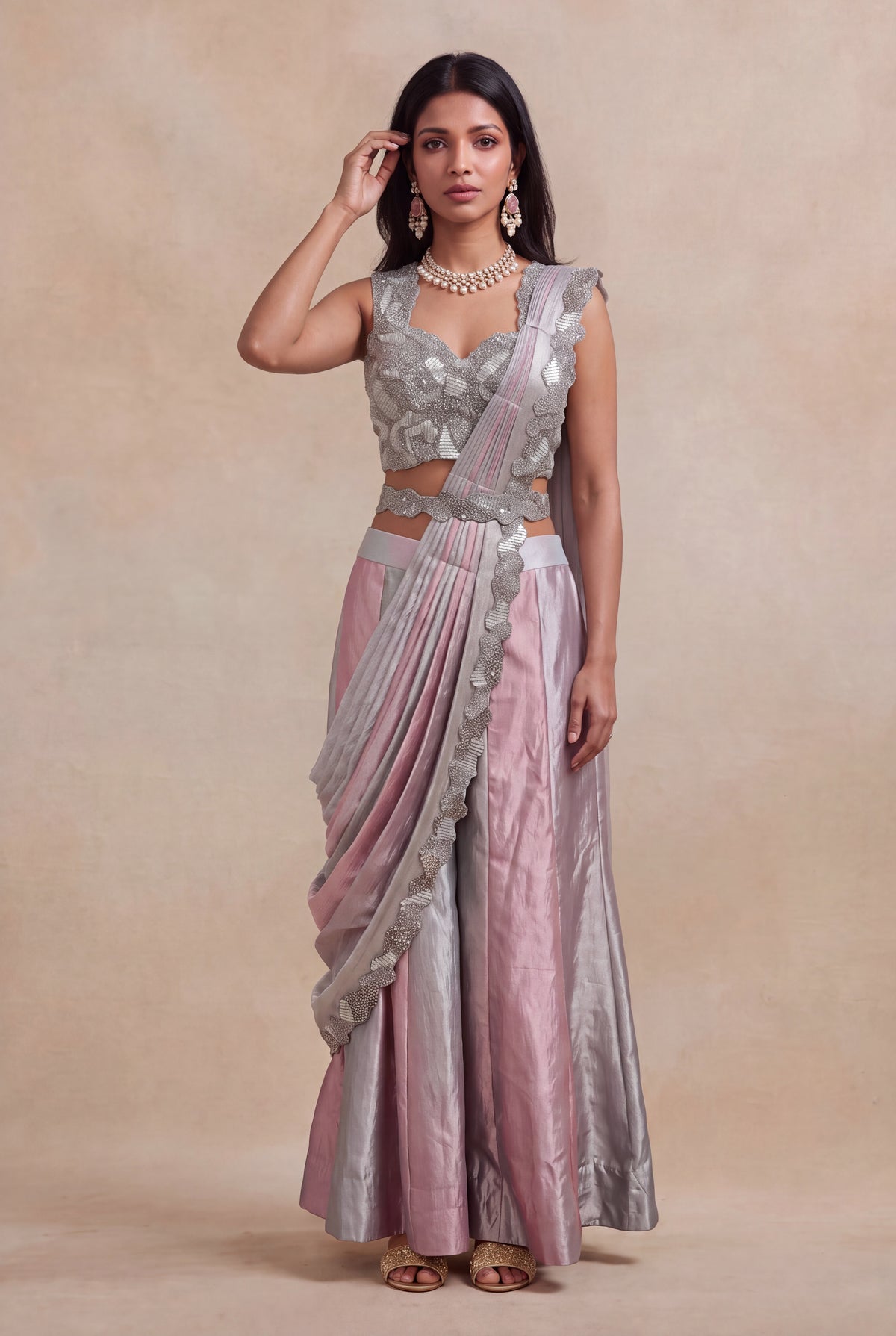Pink & Silver Tissue Drape Saree - Mokshaa