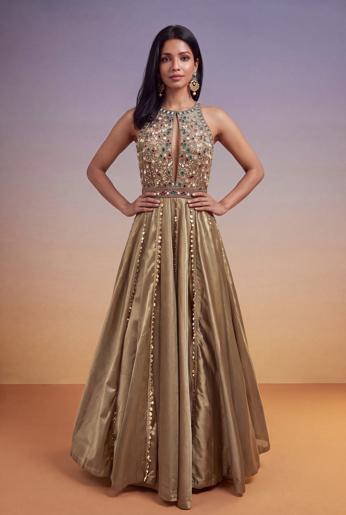 Gold Tissue Multicolour Sequin Gown - Mokshaa