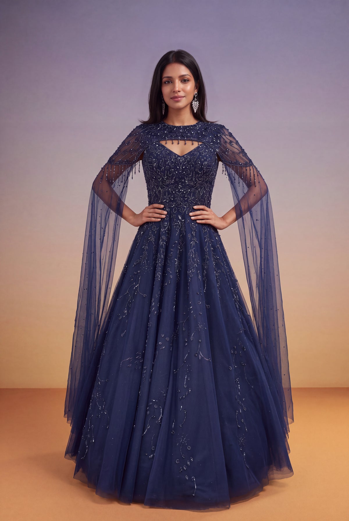 Navy Blue Katdana & Sequin Net Gown with Cape - Mokshaa