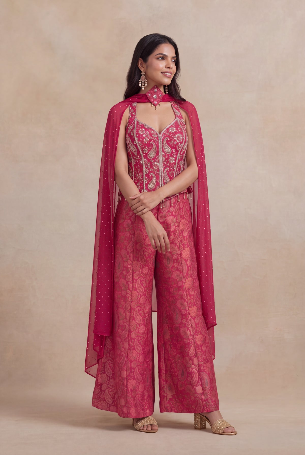 Pink Banarasi Indo-Western Palazzo Set with Embellished Corset - Mokshaa