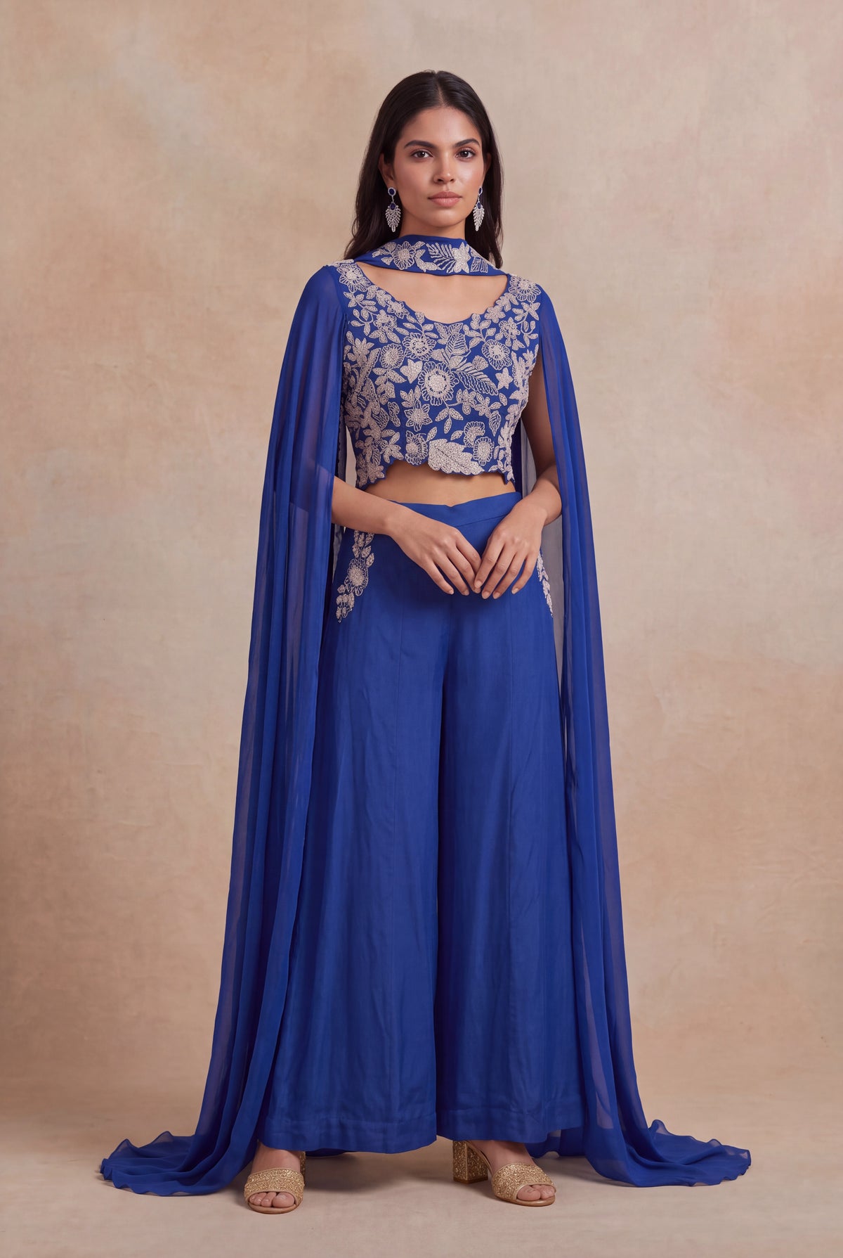 Royal Blue Chinon Georgette Indo-Western Set - Mokshaa