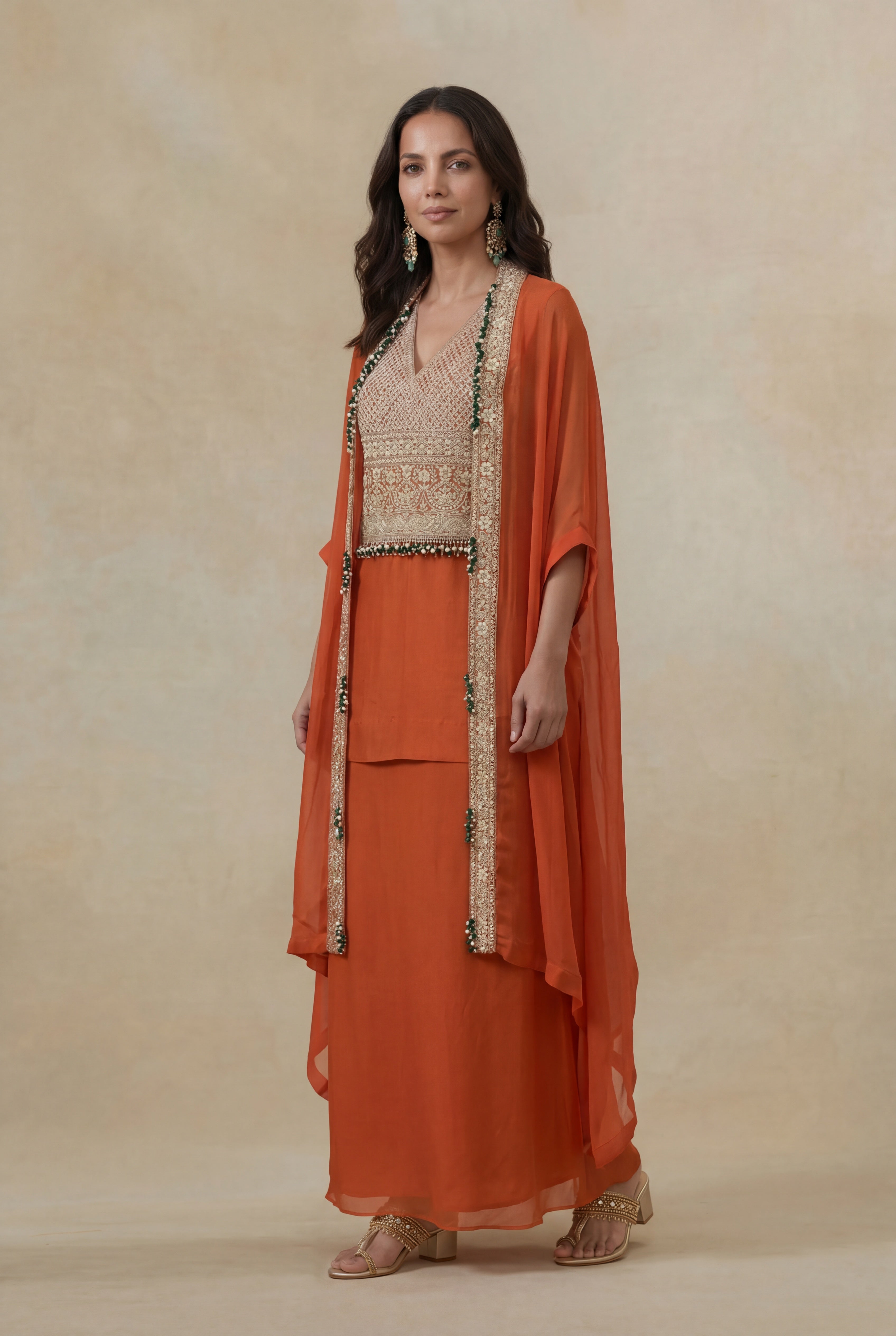 Orange Organza Silk Indo-Western Set