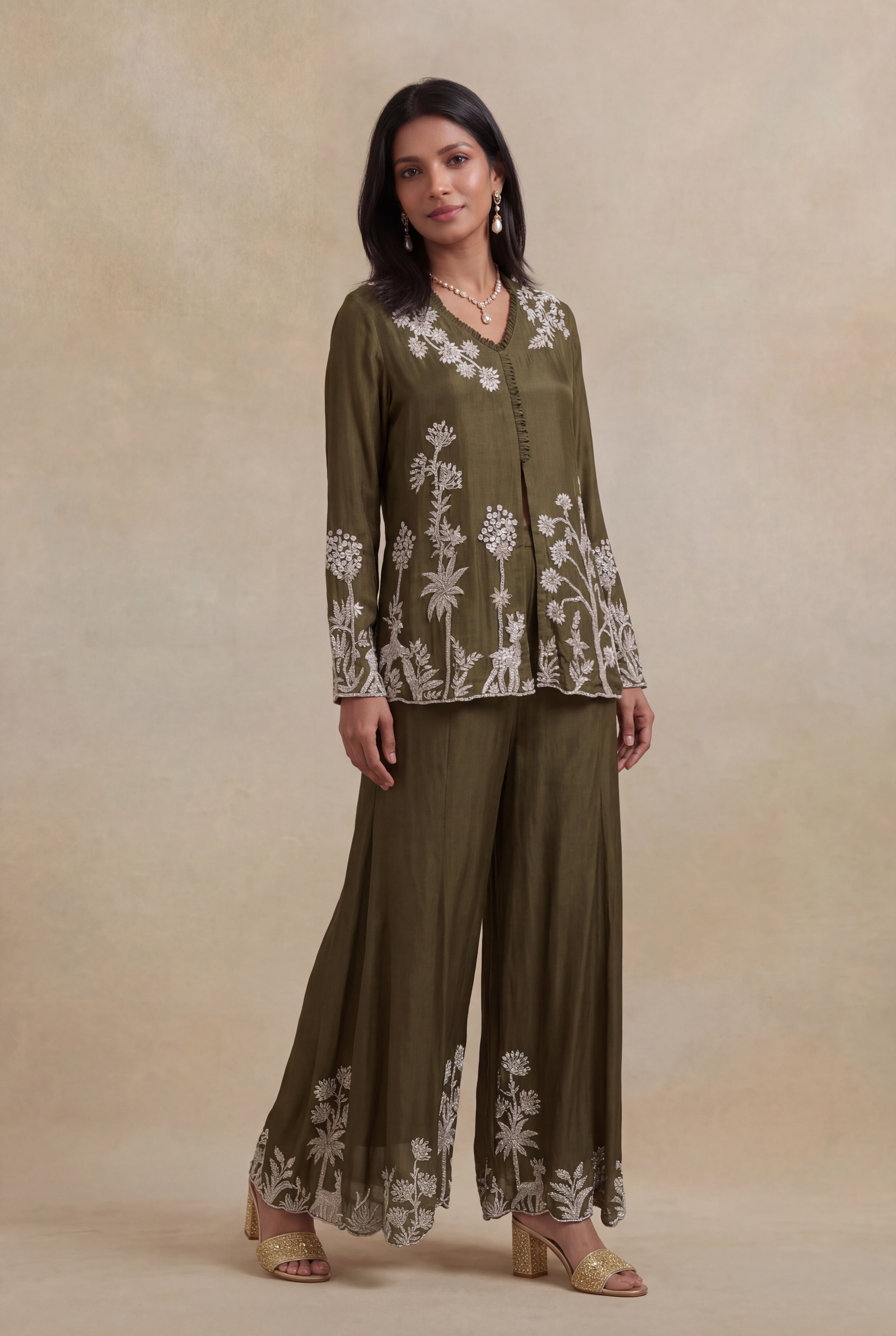 Olive Green Chinon Indo-Western Co-Ord Set