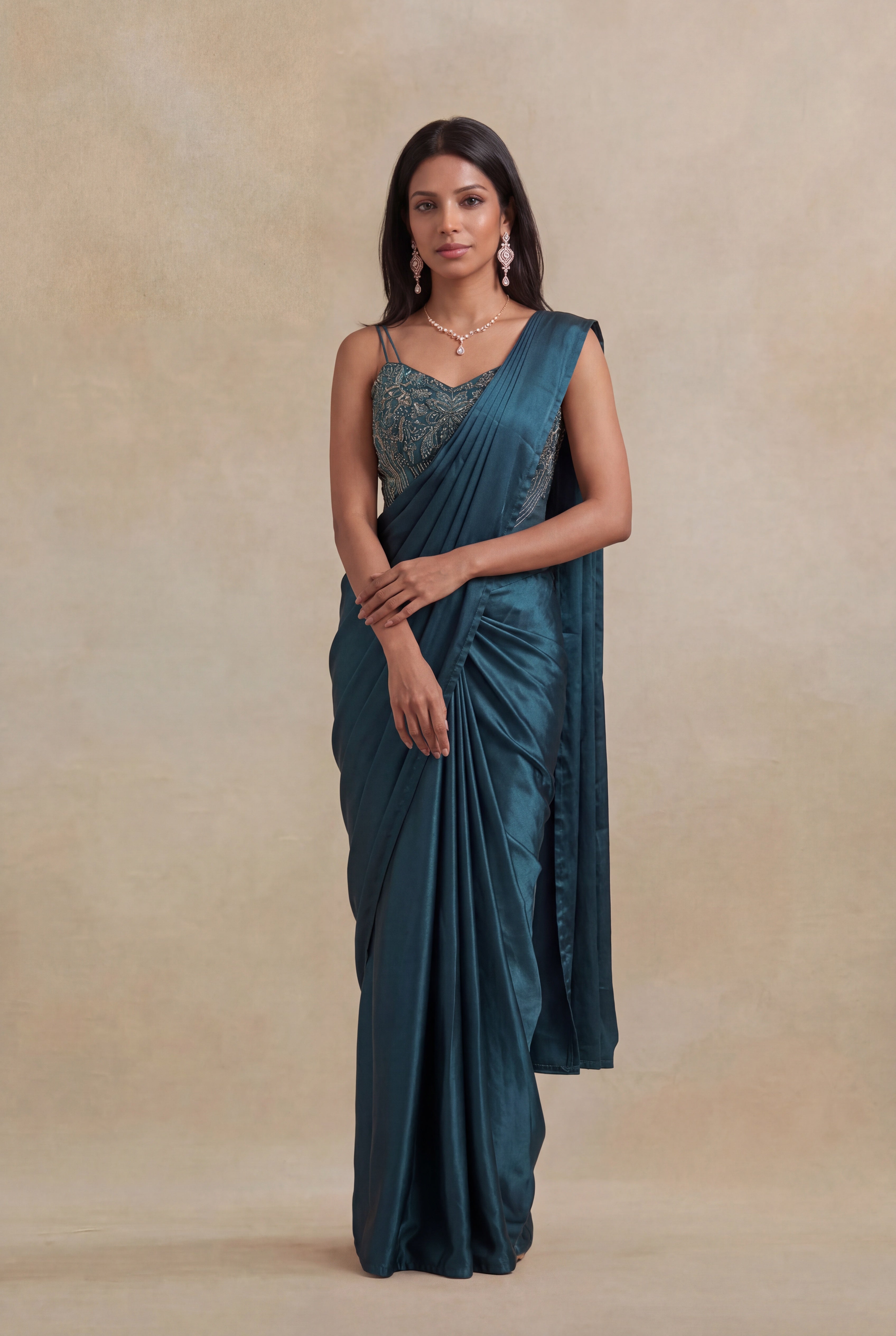 Bottle Green Satin Silk Pre-Draped Saree