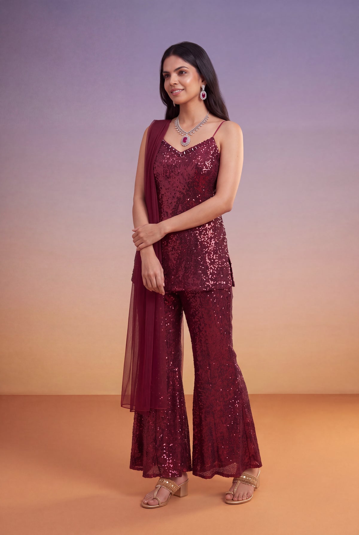 Wine Sequin Indo-Western Palazzo Set with Dupatta - Mokshaa