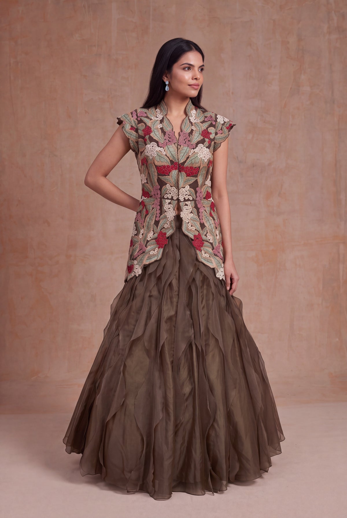 Olive Green Silk & Organza Botanical Embroidery Set - Mokshaa