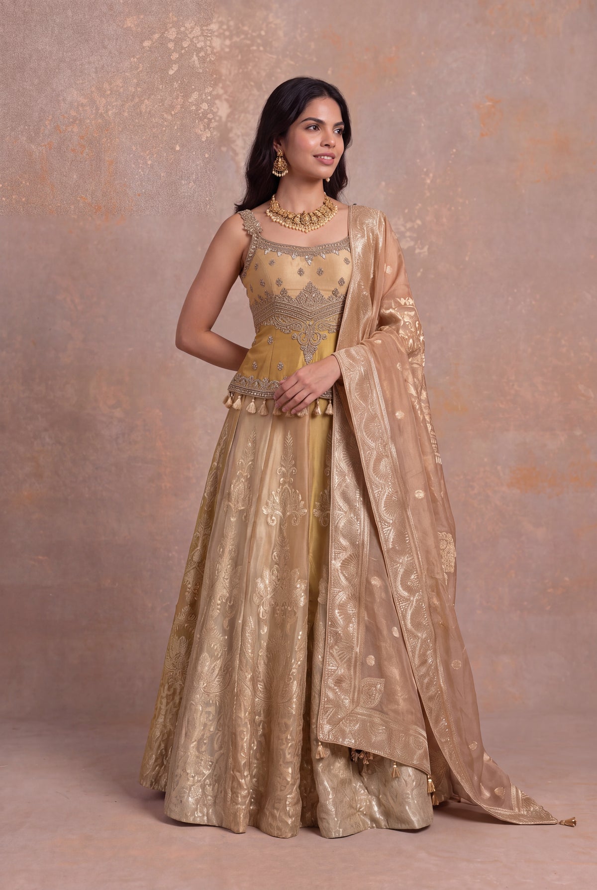Gold Banarasi Tissue Lehenga with Zardosi & Pearl Work - Mokshaa