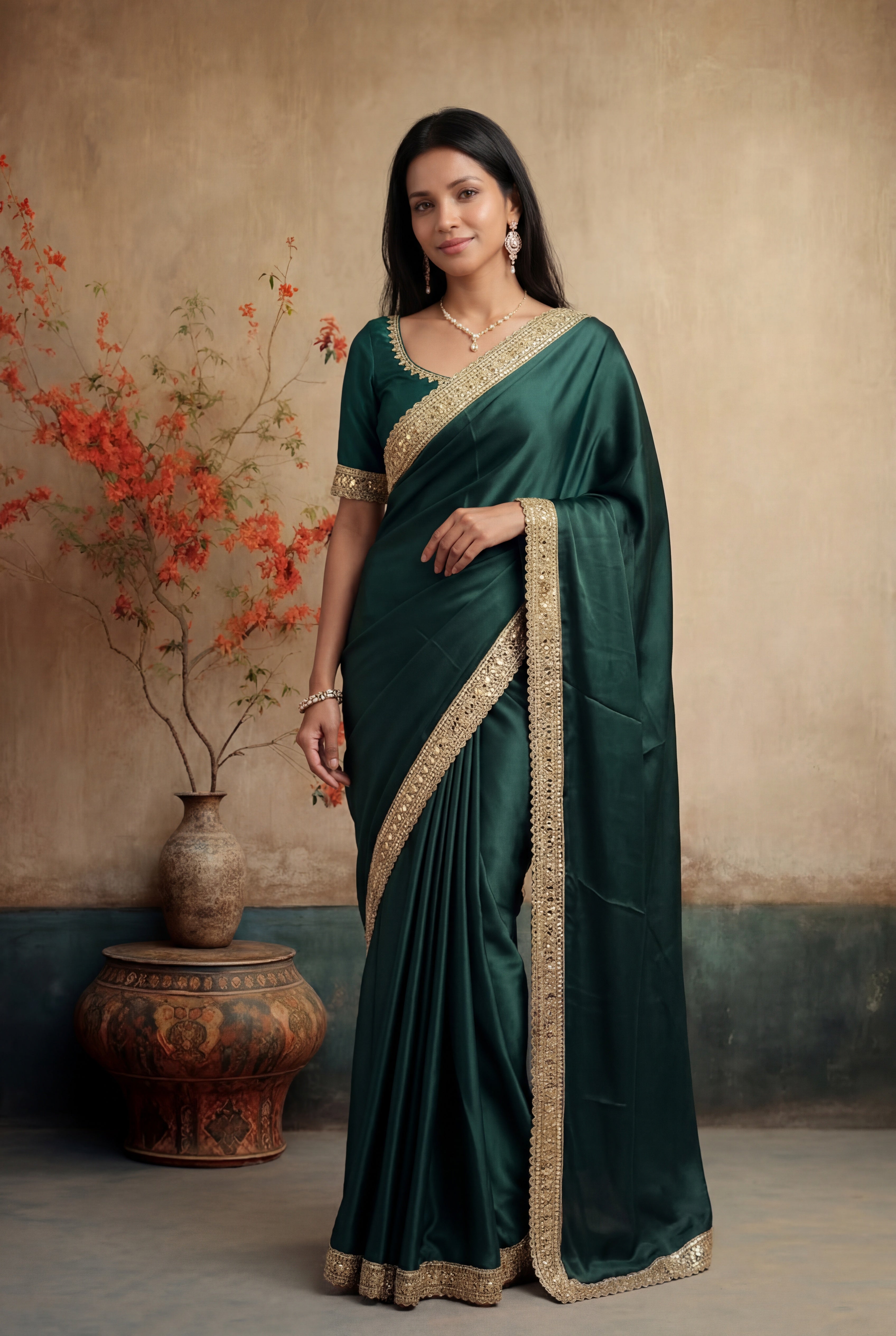 Green Satin Saree with Gold Sequin Border