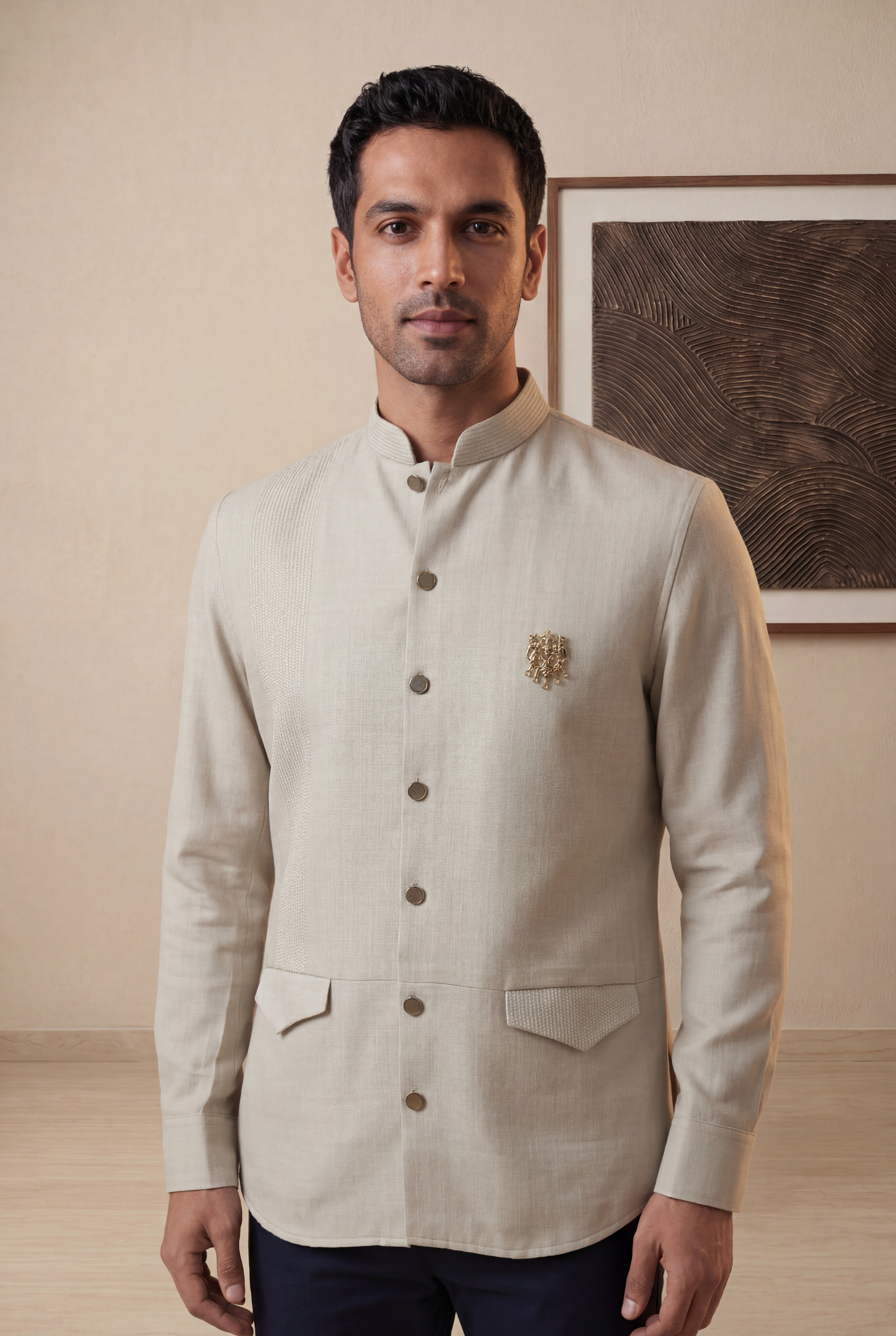 Beige Japanese Silk Mandarin Collar Shirt