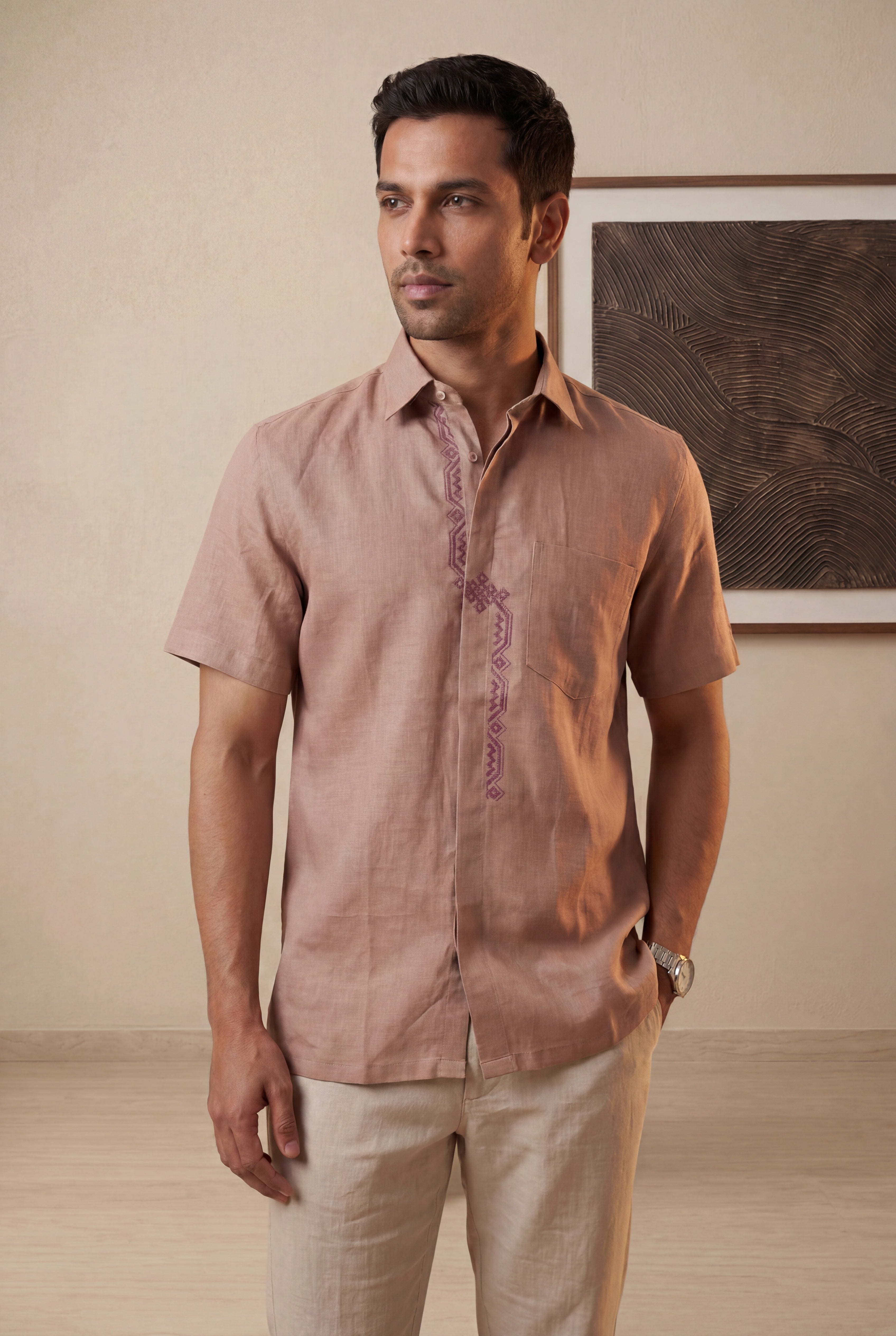 Onion Pink Linen Half Sleeve Shirt